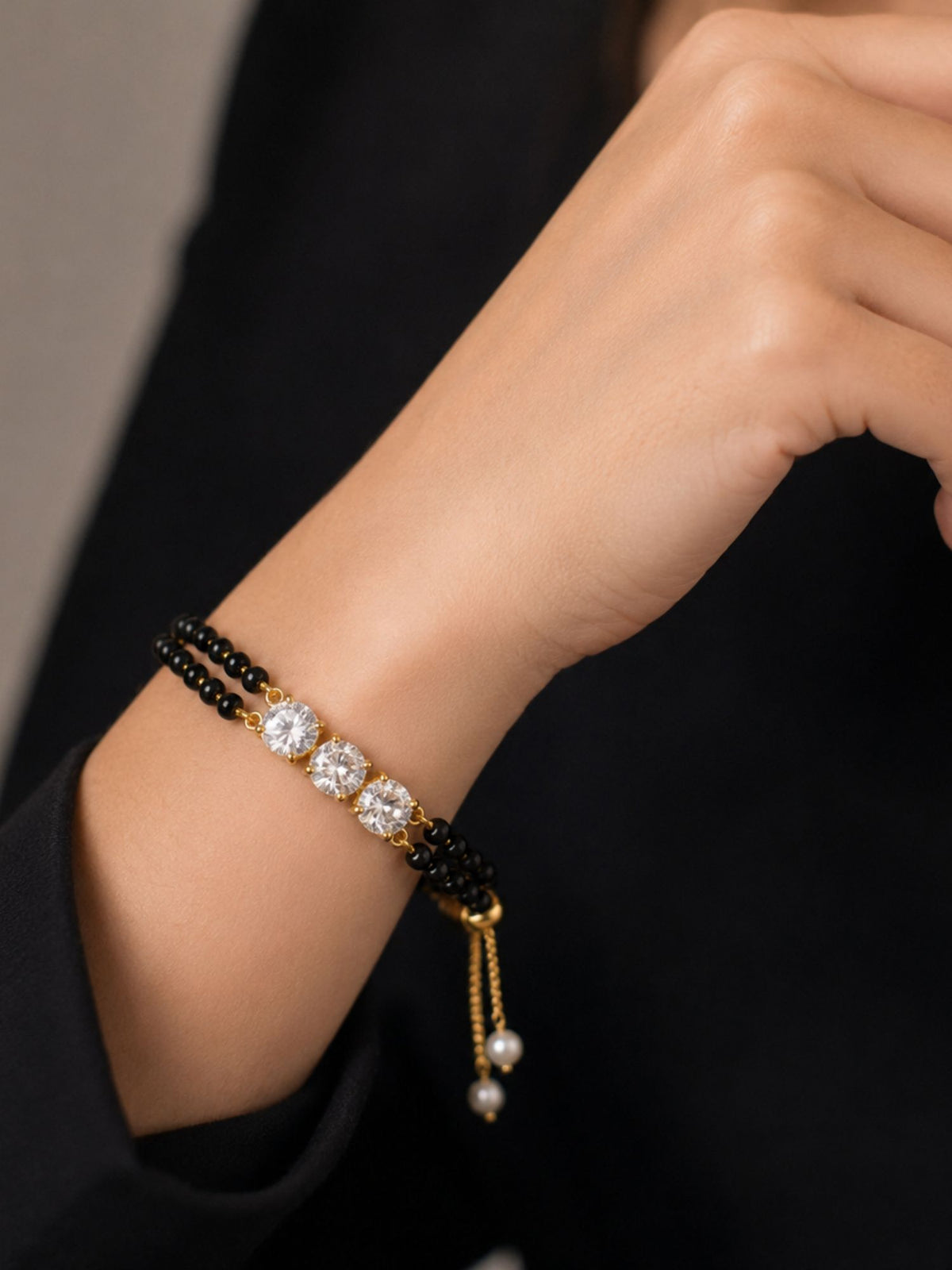Gold Plated Triple Stone Hand Mangalsutra Bracelet for Women