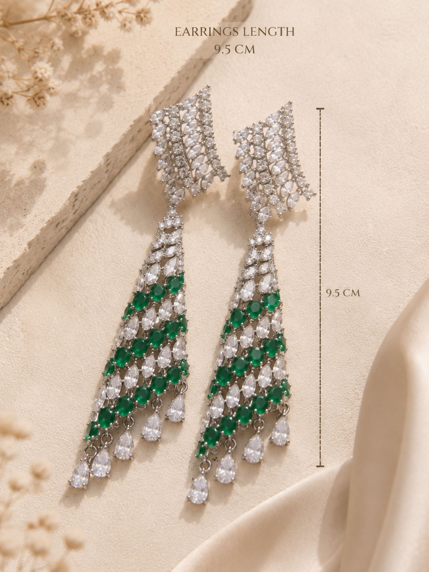 Emerald Green CZ Long Earrings in Silver Finish – Party Wear - earrings by Abdesigns Jewellery