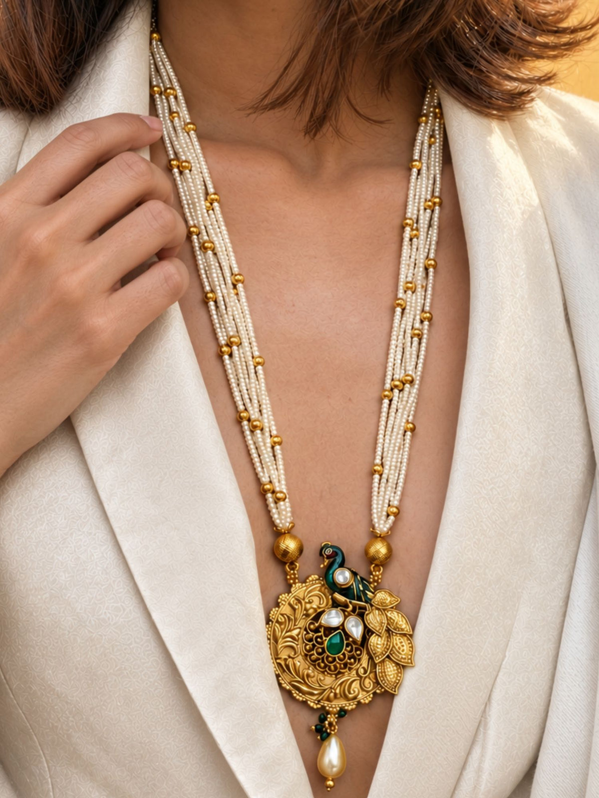 Antique Gold Plated Peacock Kundan Pearl Necklace Set