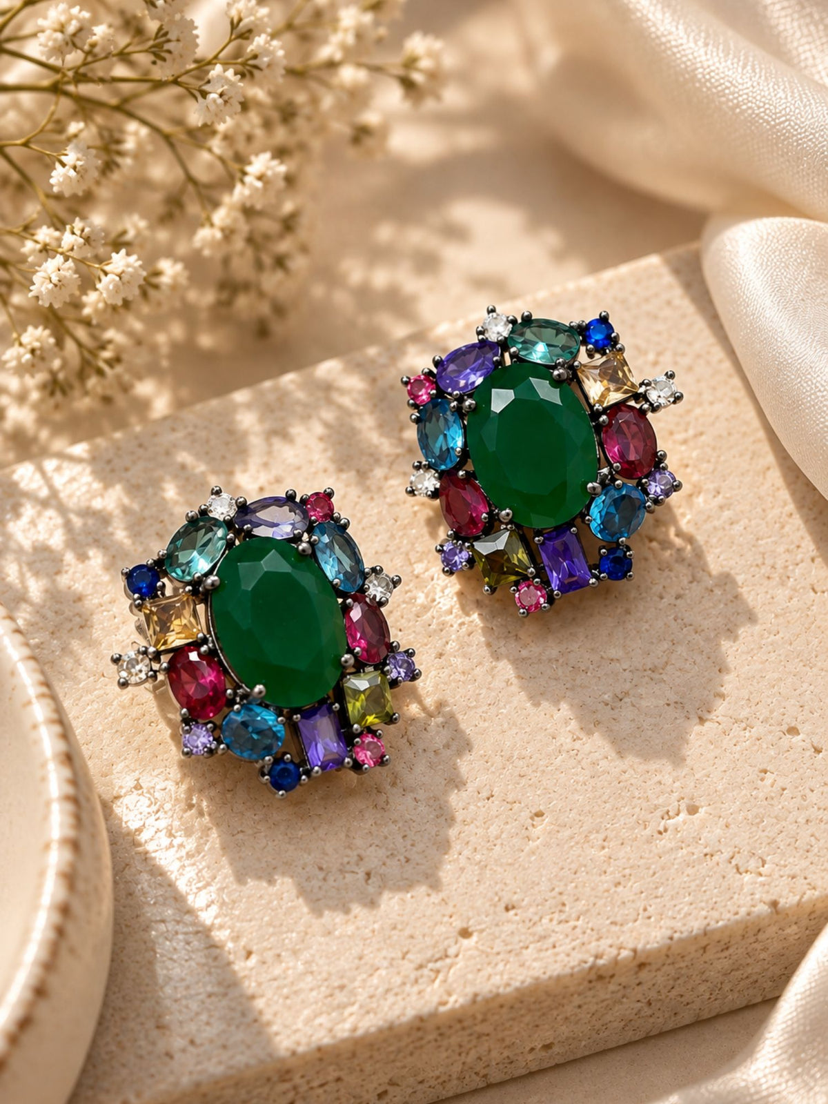 Silver Black Rhodium Plated Multicolor Crystal Oval Statement Earrings