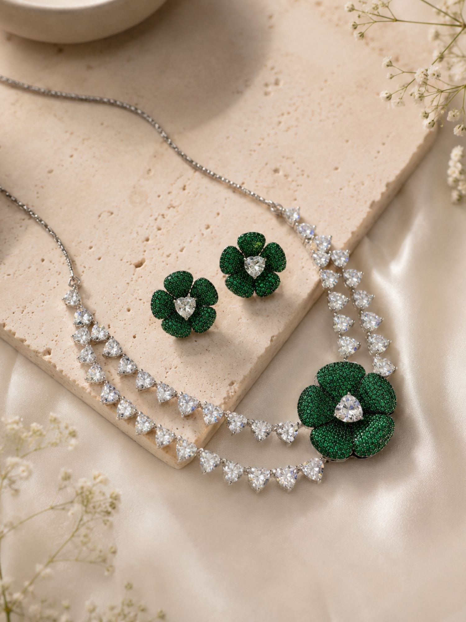 Emerald Bloom Floral Necklace Set with Crystal Petal Drops - necklace by Abdesigns Jewellery