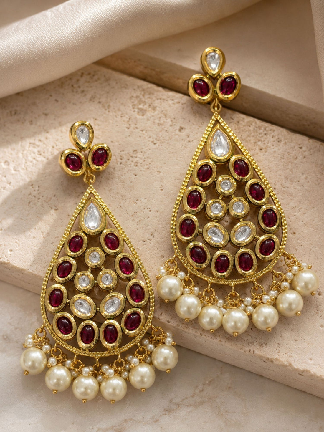 Gold Plated Ruby Kundan Pearl Statement Earrings for Women