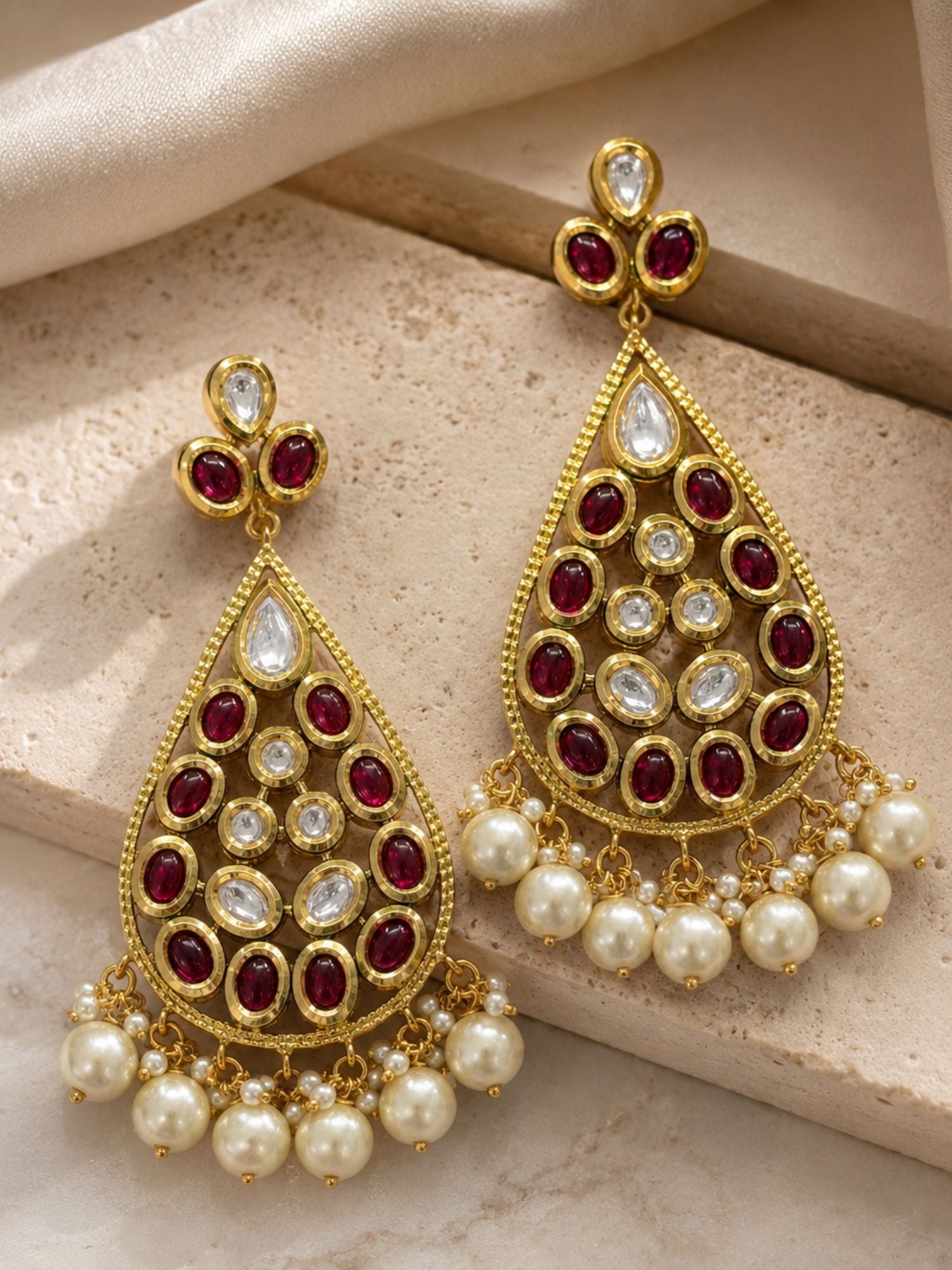 Gold Plated Ruby Kundan Pearl Statement Earrings for Women