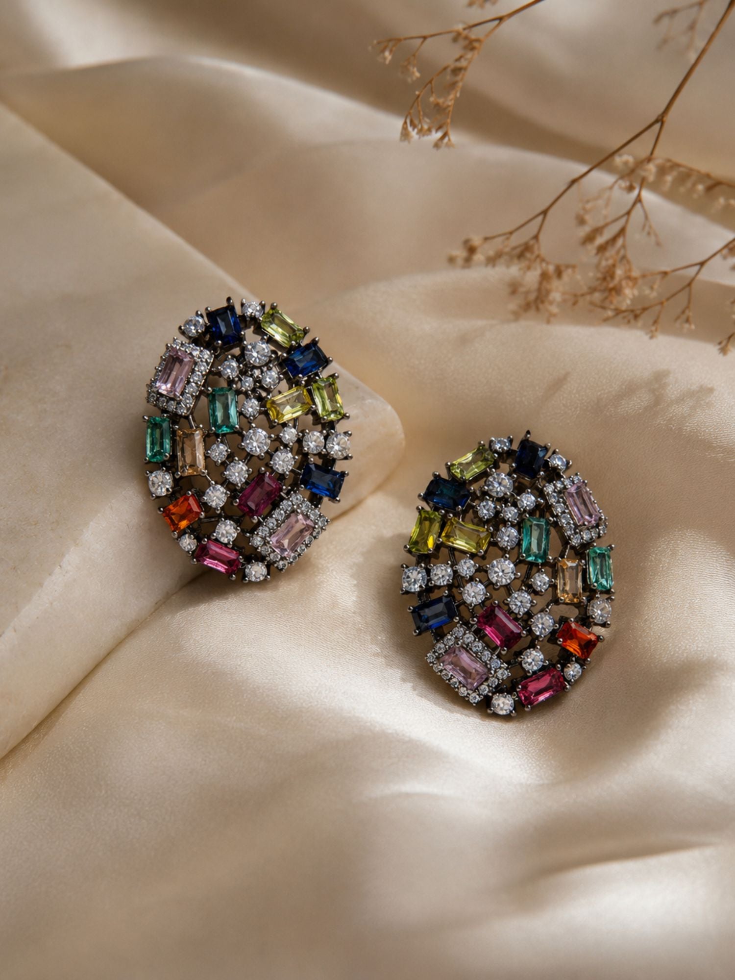 Multicolor Crystal Stud Black Rhodium Earrings | Abdesigns