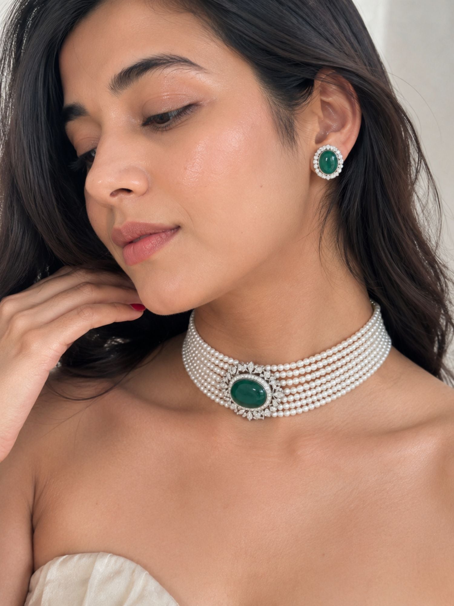 Emerald Pearl Choker Necklace Set in Silver Plating | Abdesigns