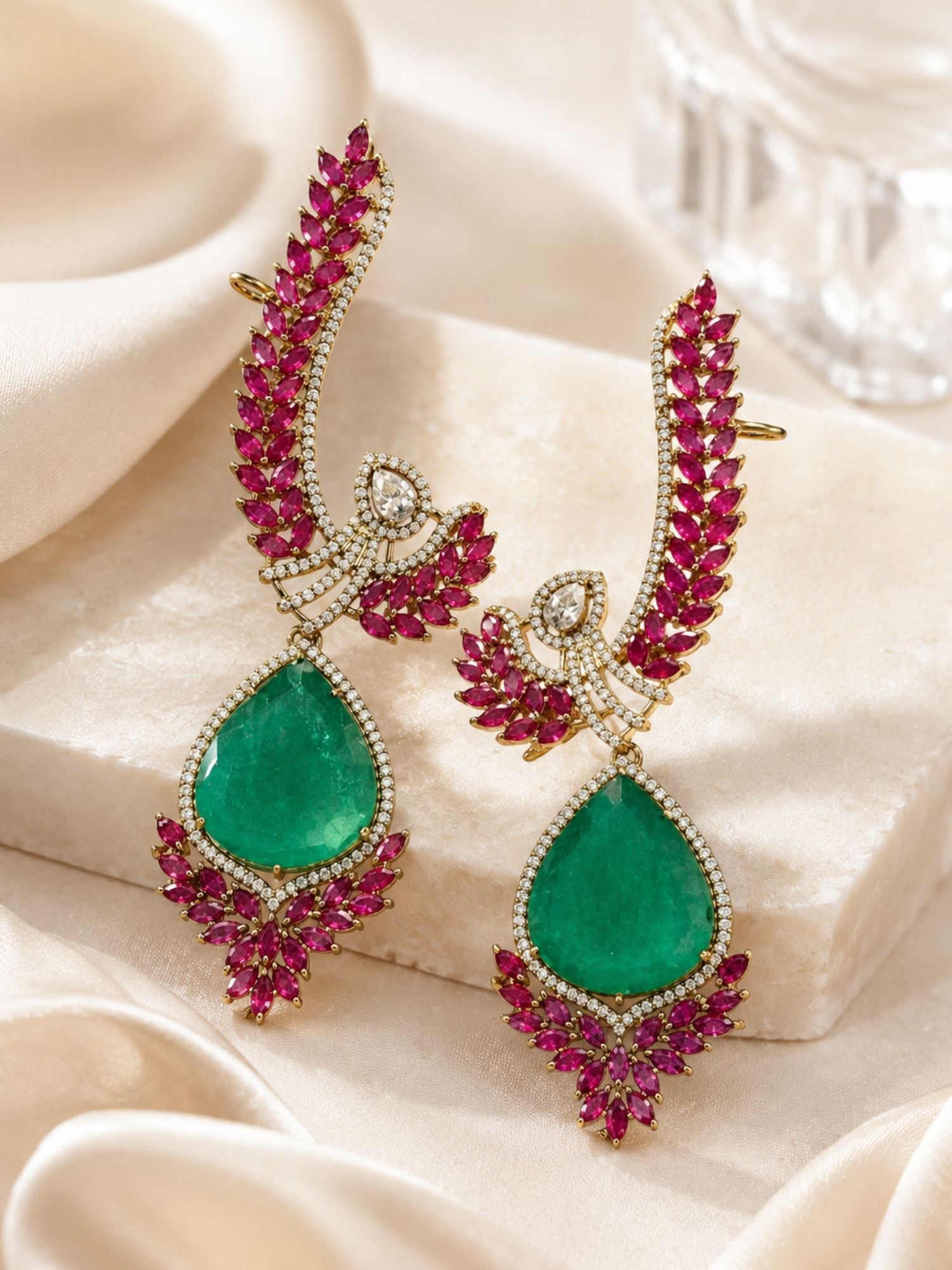 Emerald Statement Earrings in Gold Plating Party Festive | Abdesigns