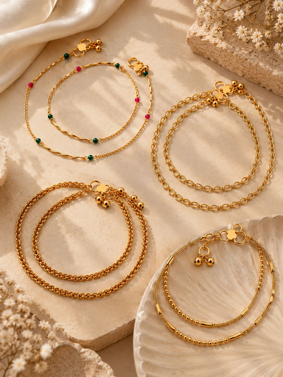 Combo Of 4 Gold Plated Minimal Chain Payal Anklets for Women