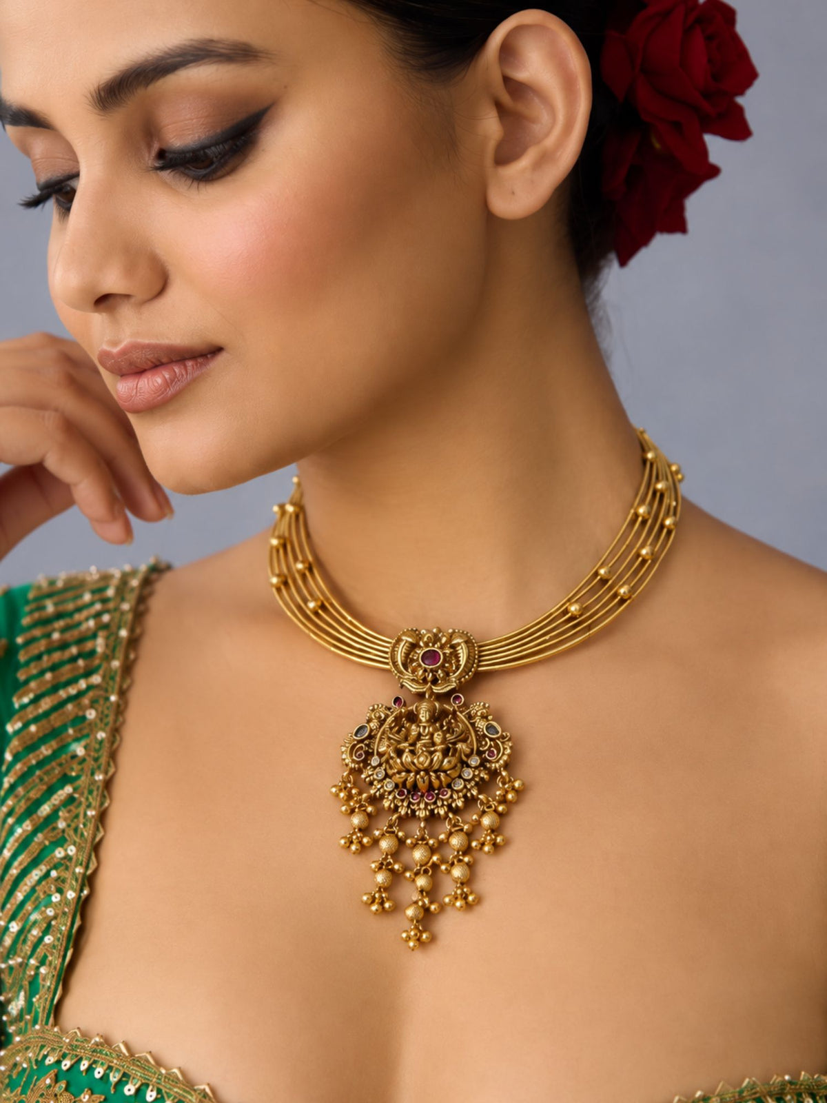 Gold Plated Temple Lakshmi Hasli Necklace Set with Jhumka Earrings