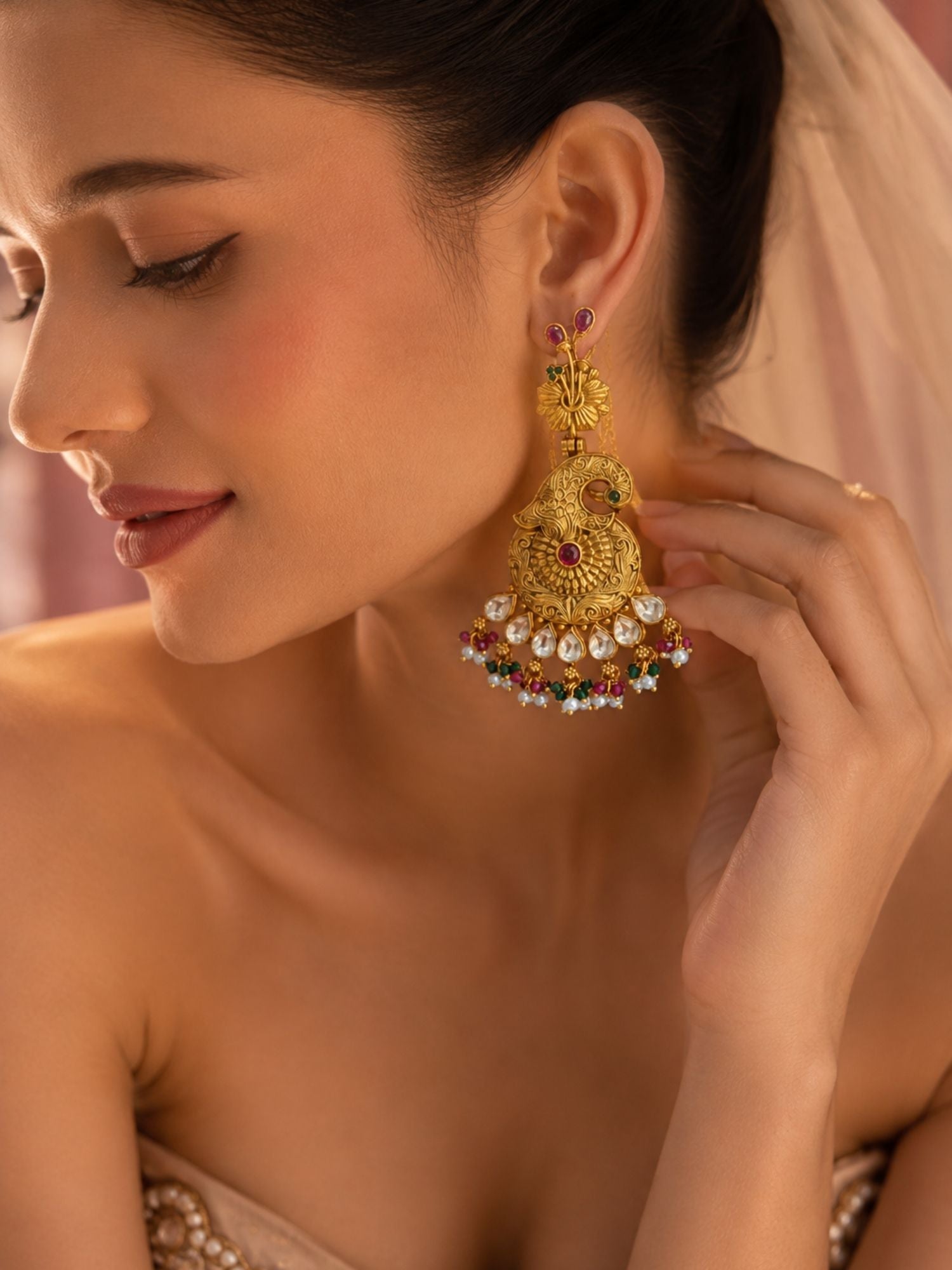 Antique Gold Plated Multicolor Kundan Peacock Statement Earrings for Women