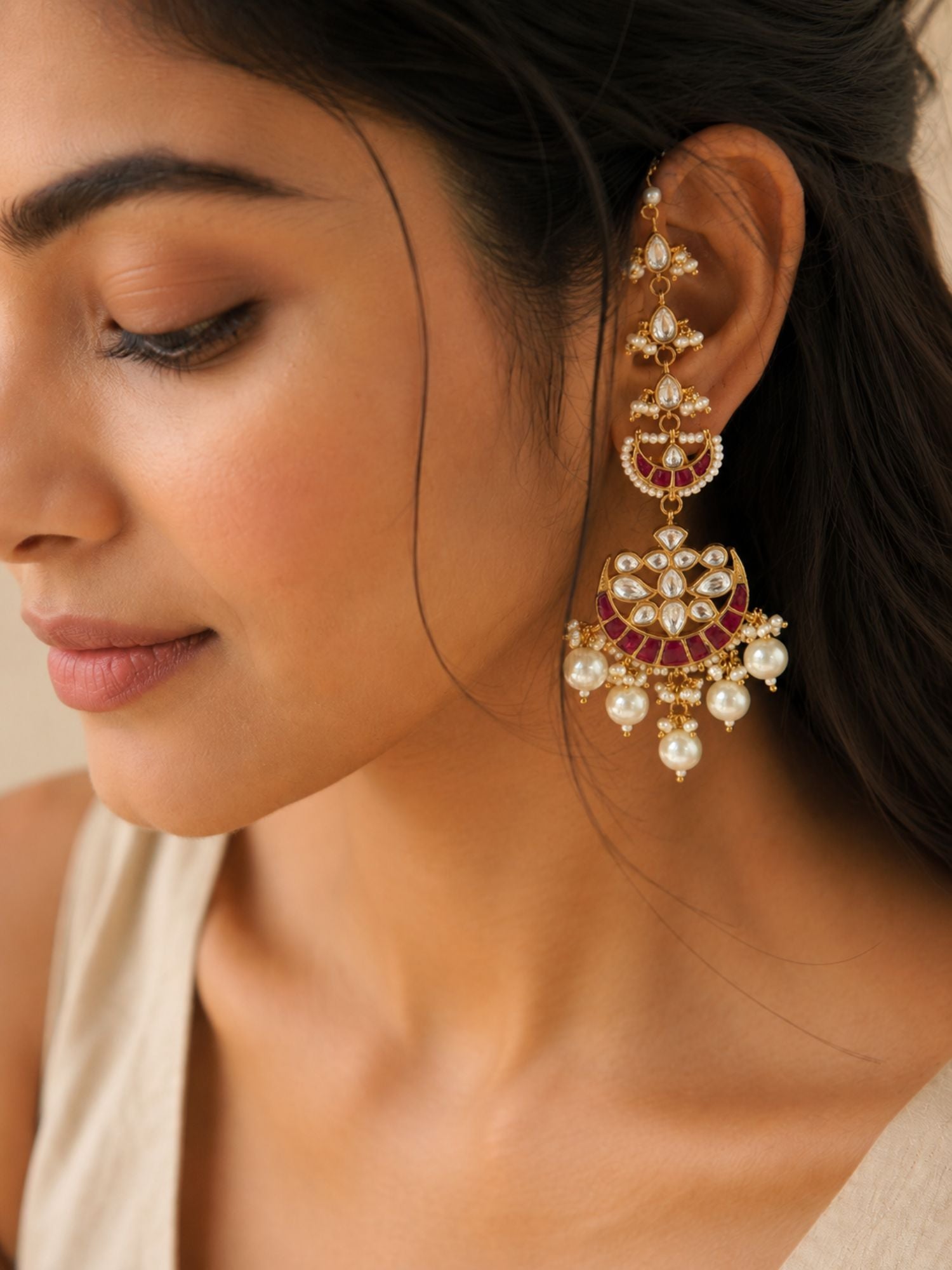 Abdesigns Pachi Kundan Ear Cuff Chandbali Earrings with Pearl Drops