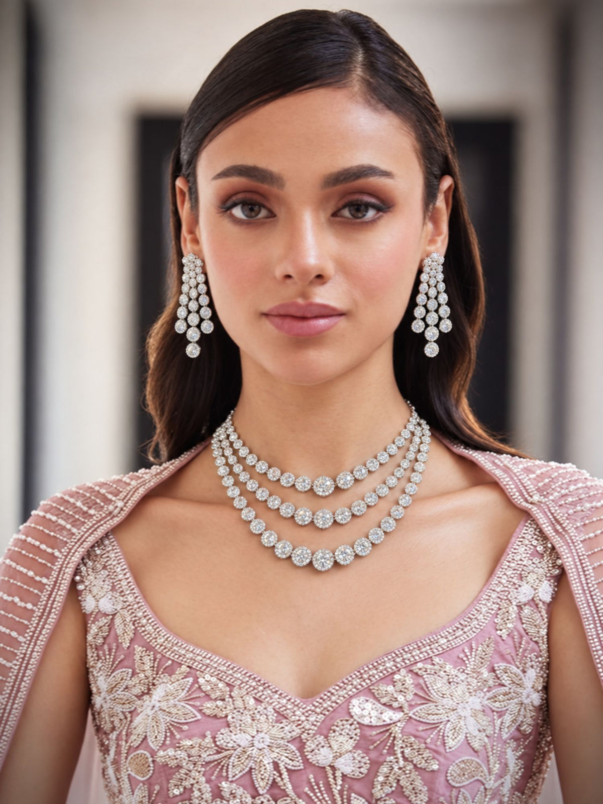 3 Layer Silver Plated American Diamond Necklace Set | Abdesigns Jewellery