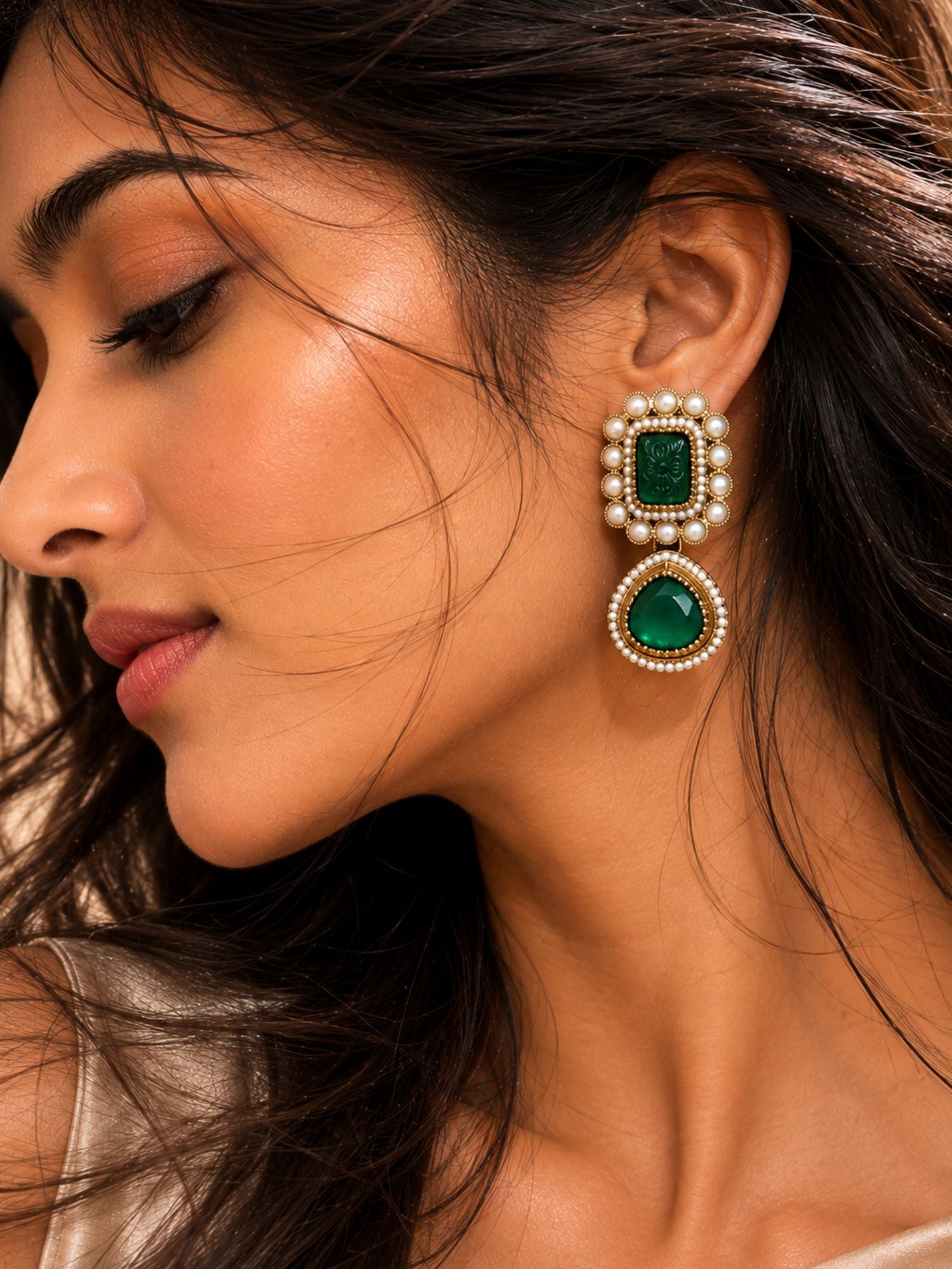 Set of 3 Gold Plated Kundan Pearl Festive Earrings for Women