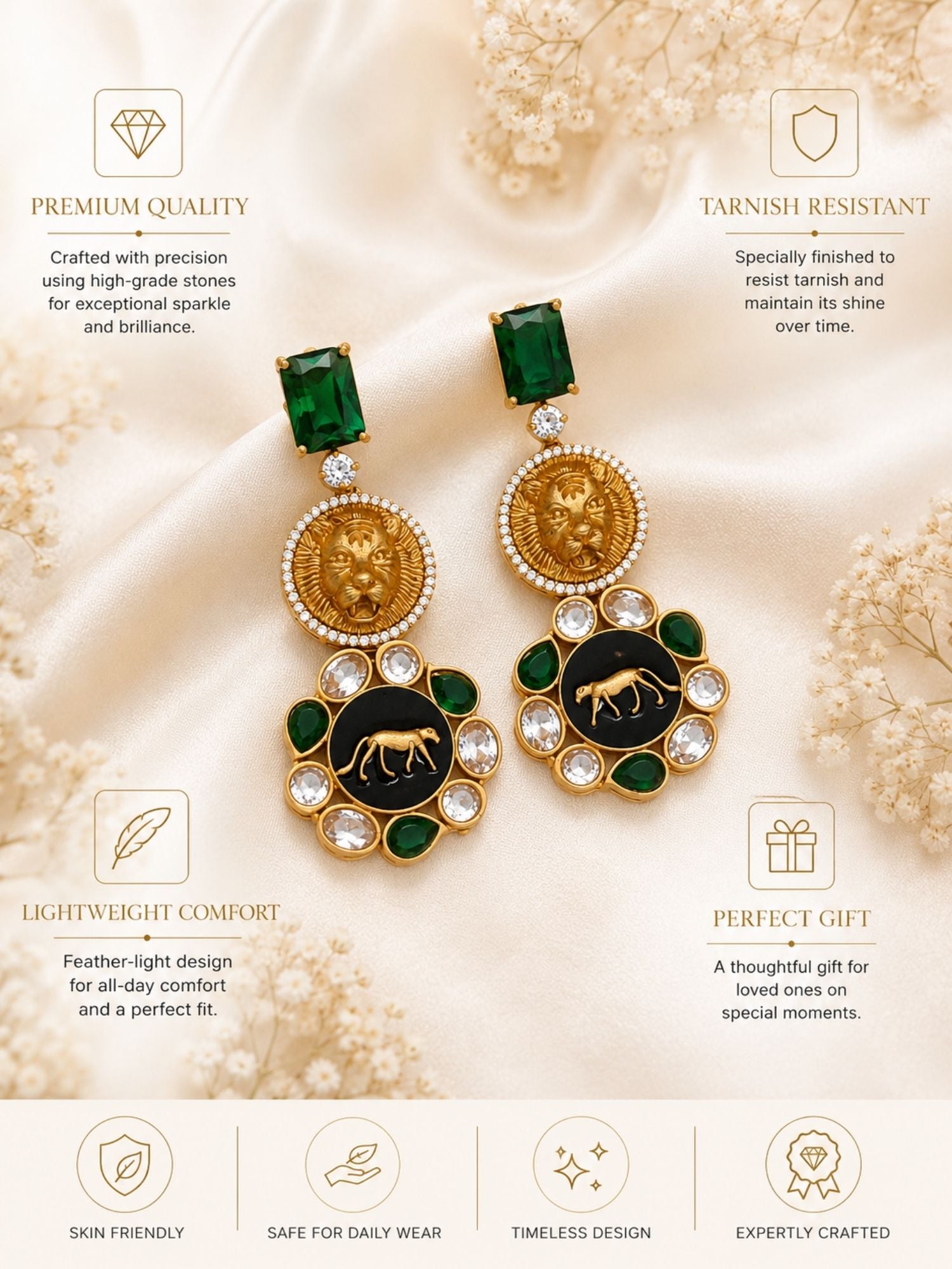 Statement Lion Tiger CZ Drop Earrings in Gold Plating | Abdesigns