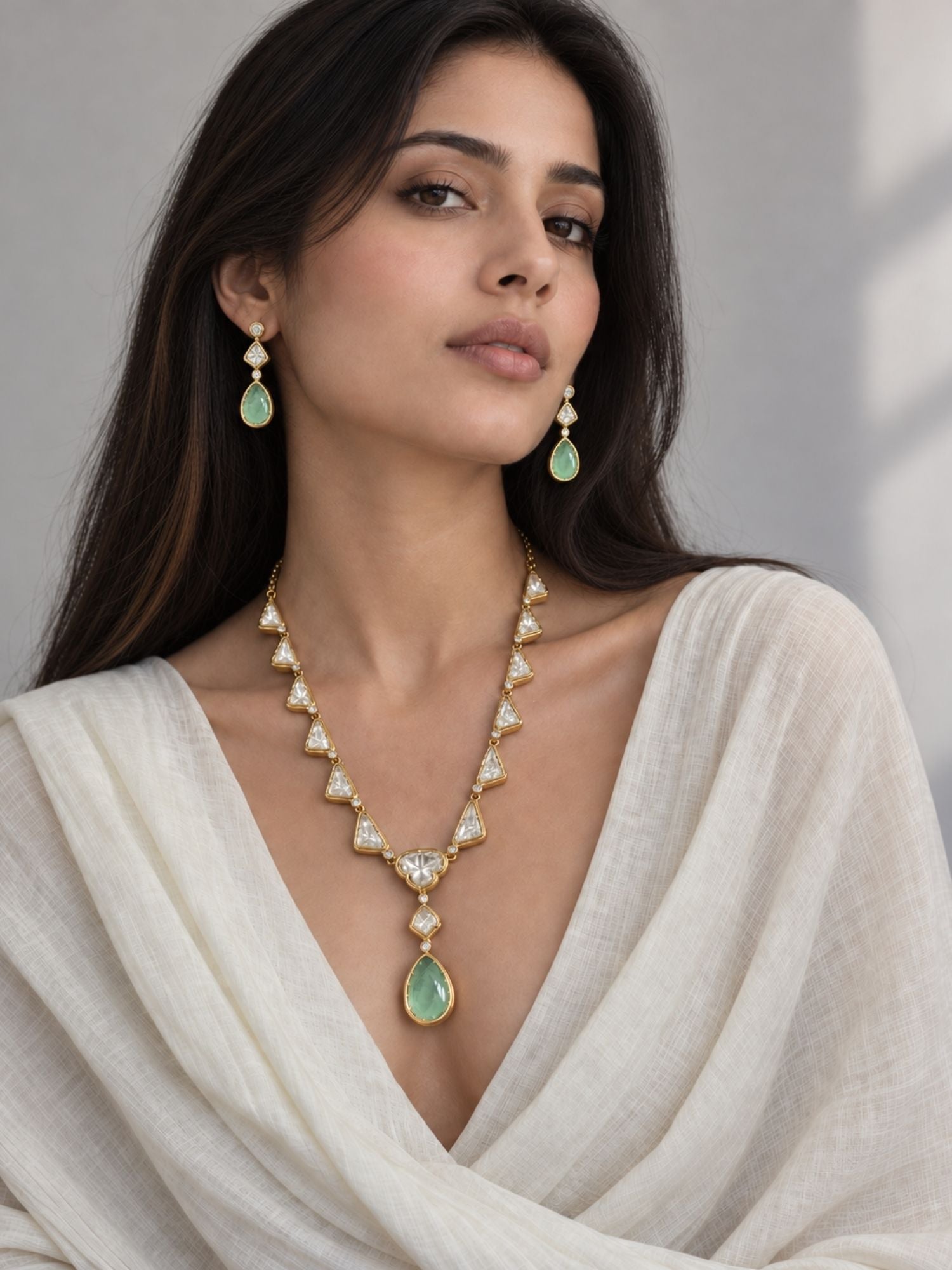 Gold Plated Kundan Polki Mint Green Drop Necklace Set with Earrings