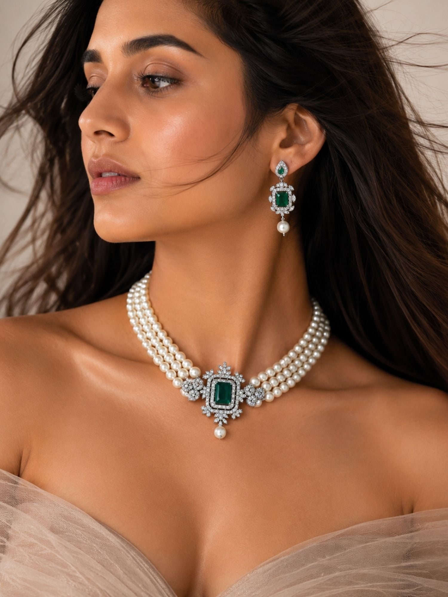 Green Stone Pearl Choker in Silver Plating – Bridal | Abdesigns