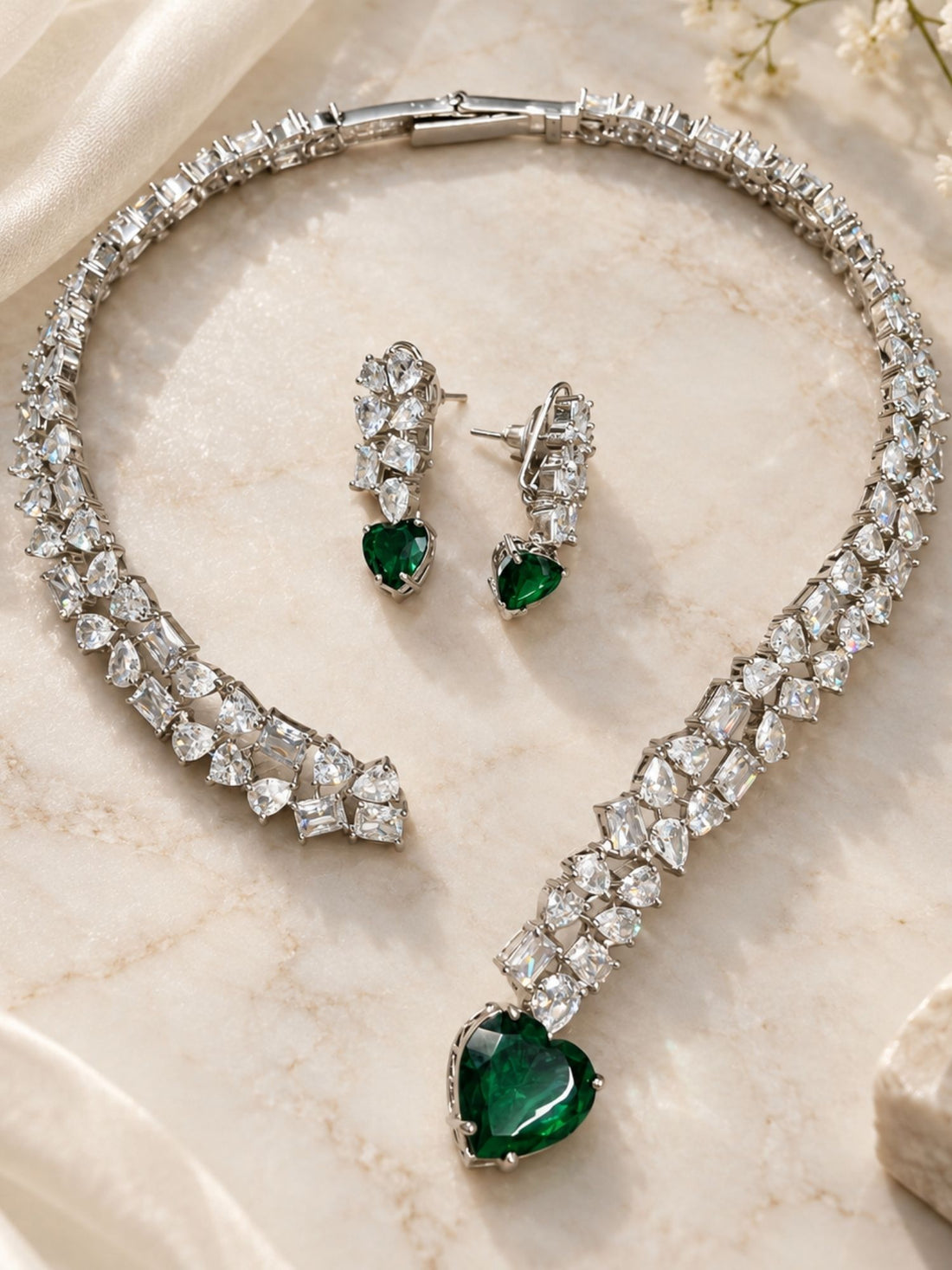 Silver Plated Green Heart AD Stone Necklace Set | Abdesigns Jewellery