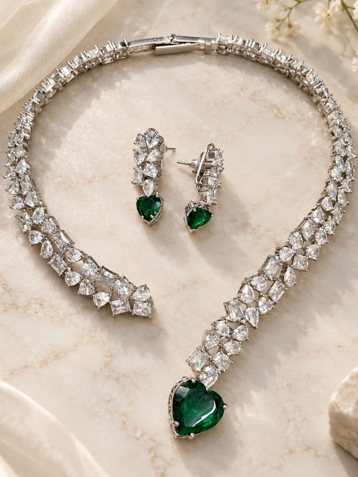 Silver Plated Green Heart AD Stone Necklace Set | Abdesigns Jewellery