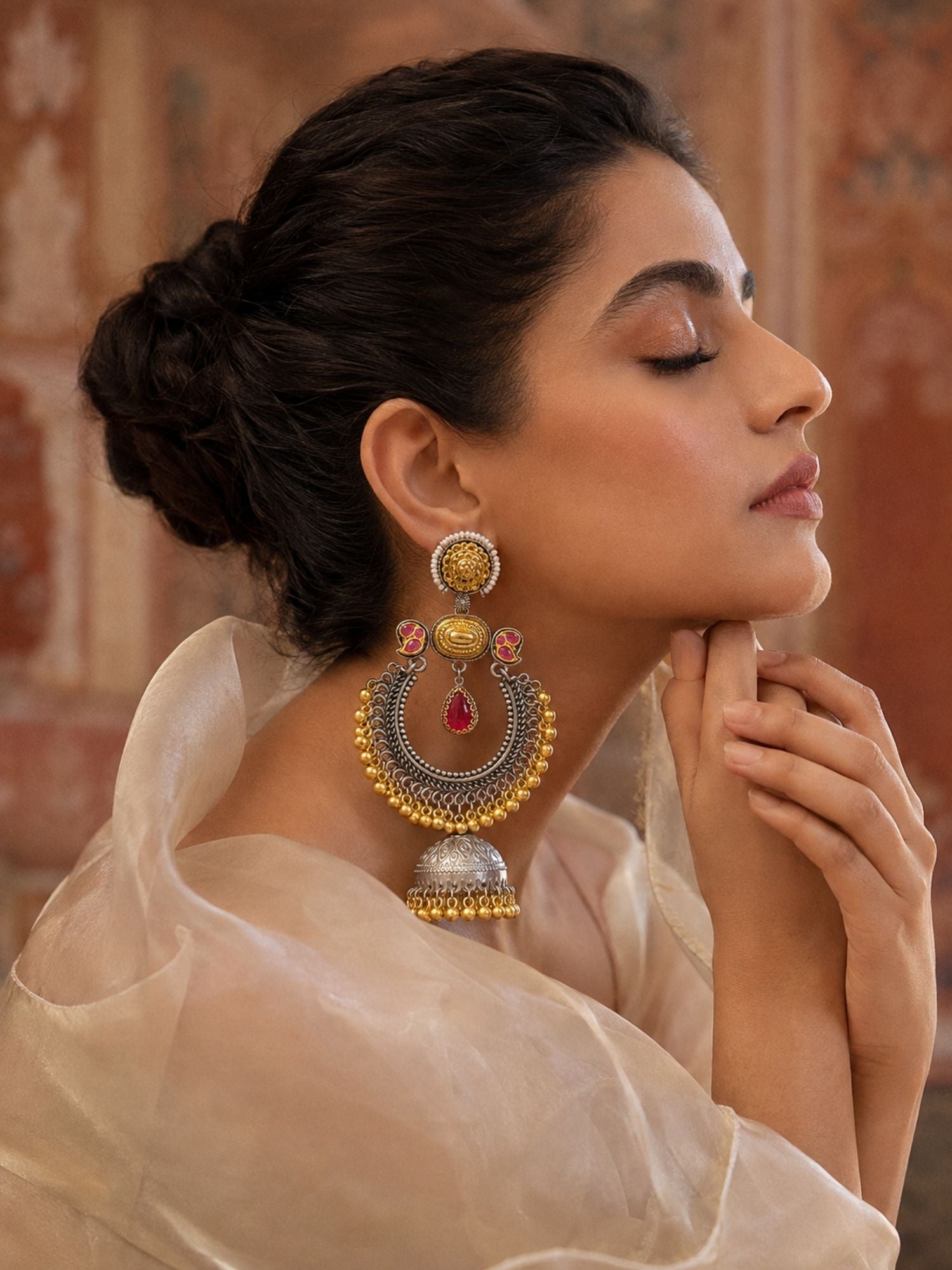 Dual Tone Pink Meenakari German Silver Jhumka Earrings Combo Set of 2 for Women