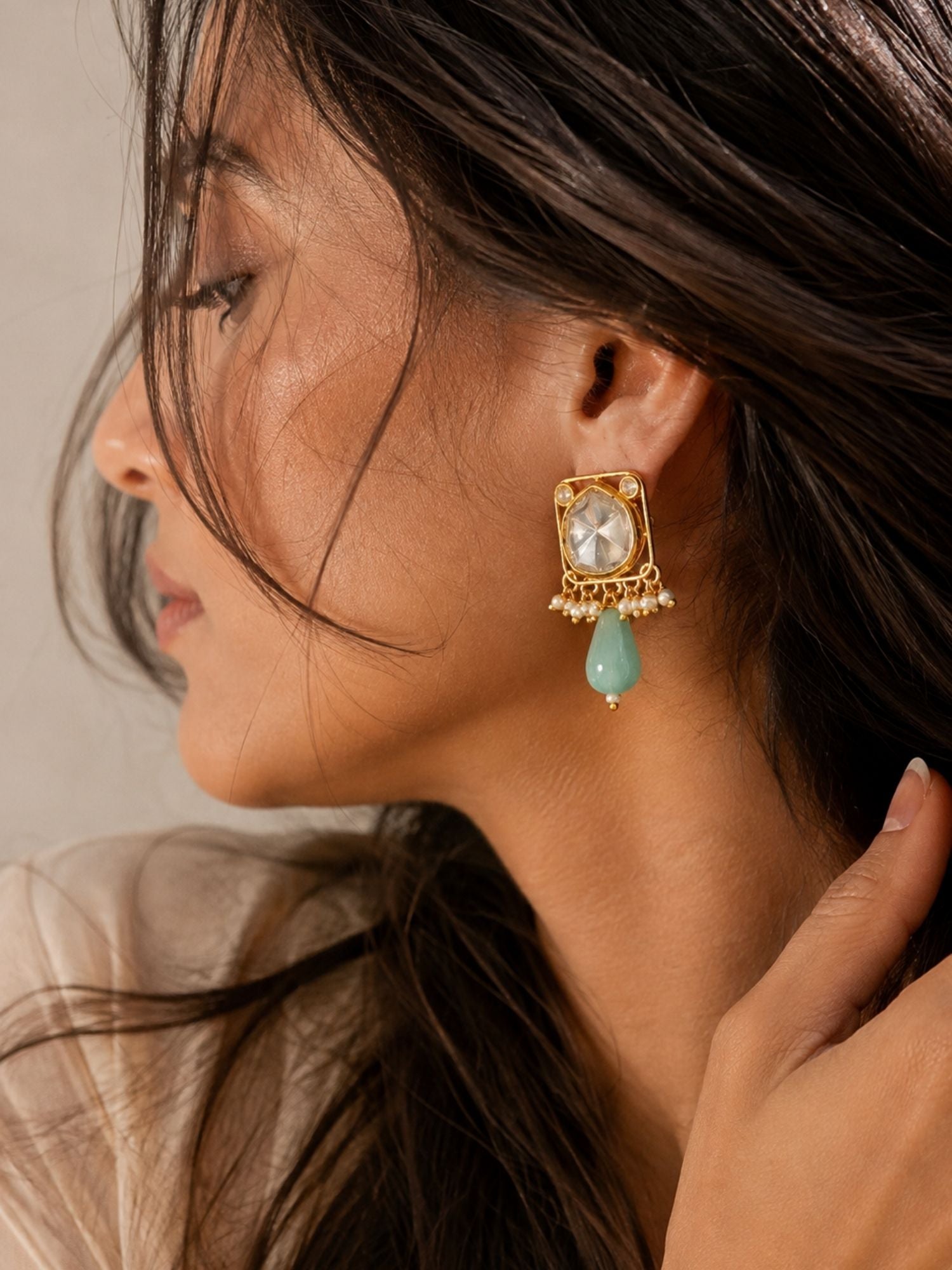 Gold Plated Kundan Polki Pearl Mint Green Bead Statement Earrings for Women