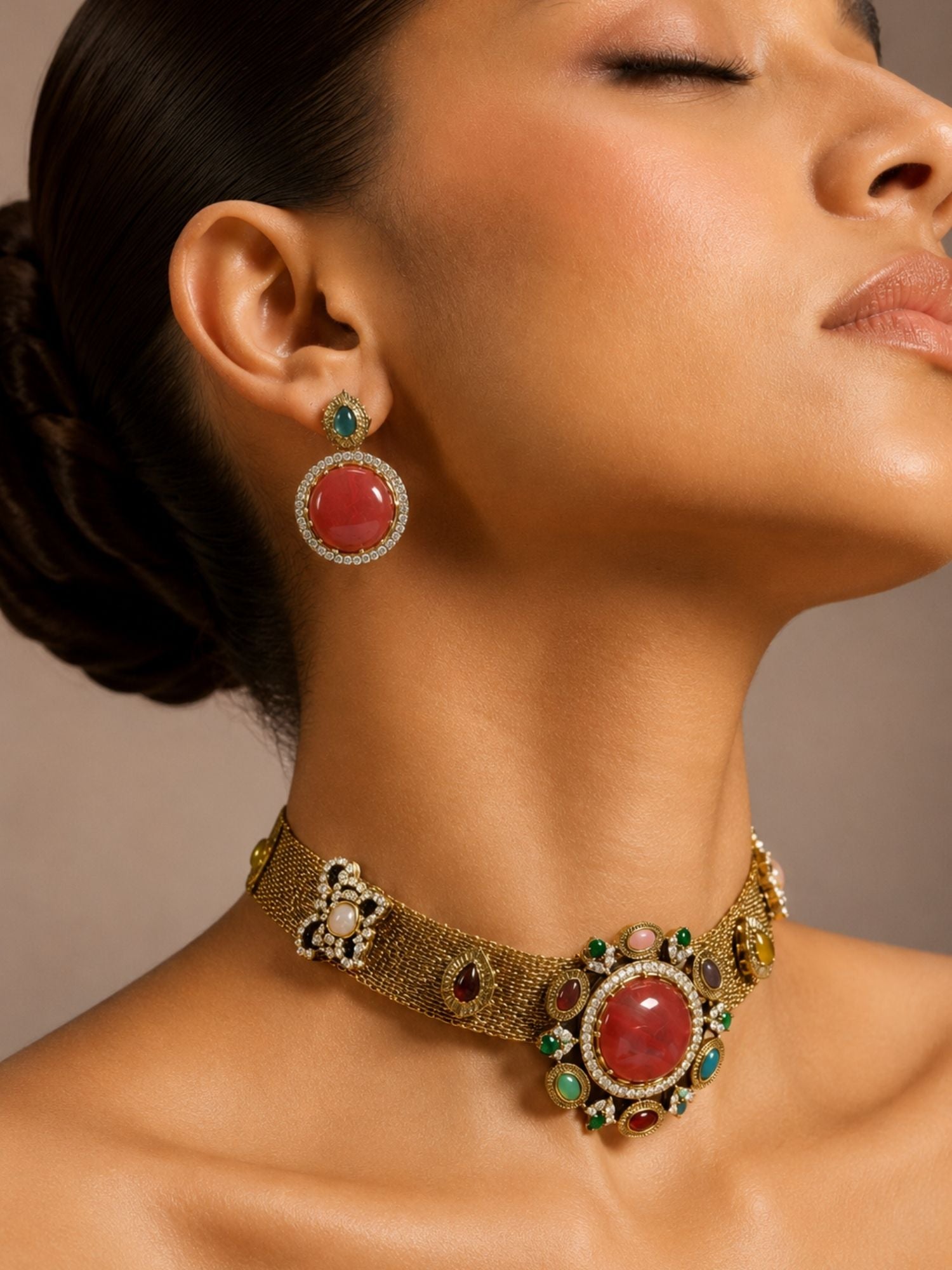 Gold plated multicolour choker necklace set with matching earrings, product view 3 – Abdesigns