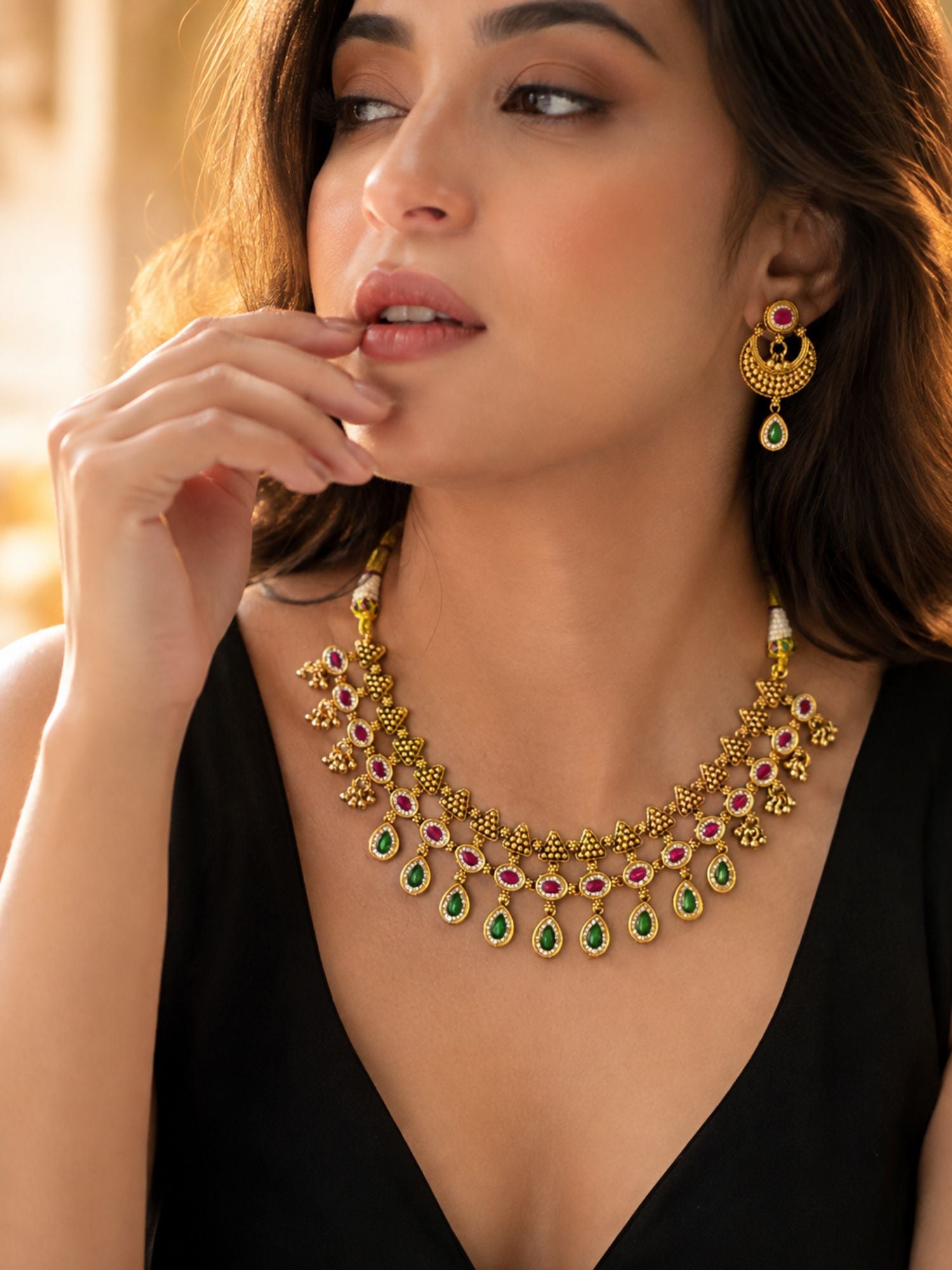 Antique Gold Plated Pink & Green Stone Temple Necklace Set
