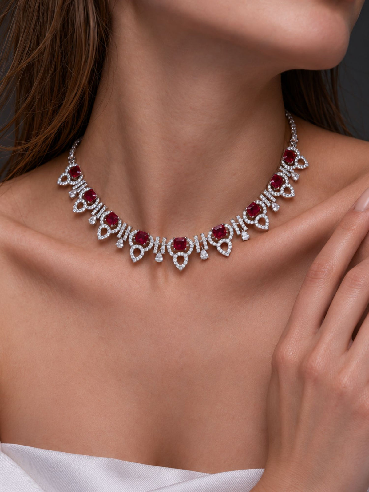 Silver Plated Ruby Pink AD Stone Necklace Set