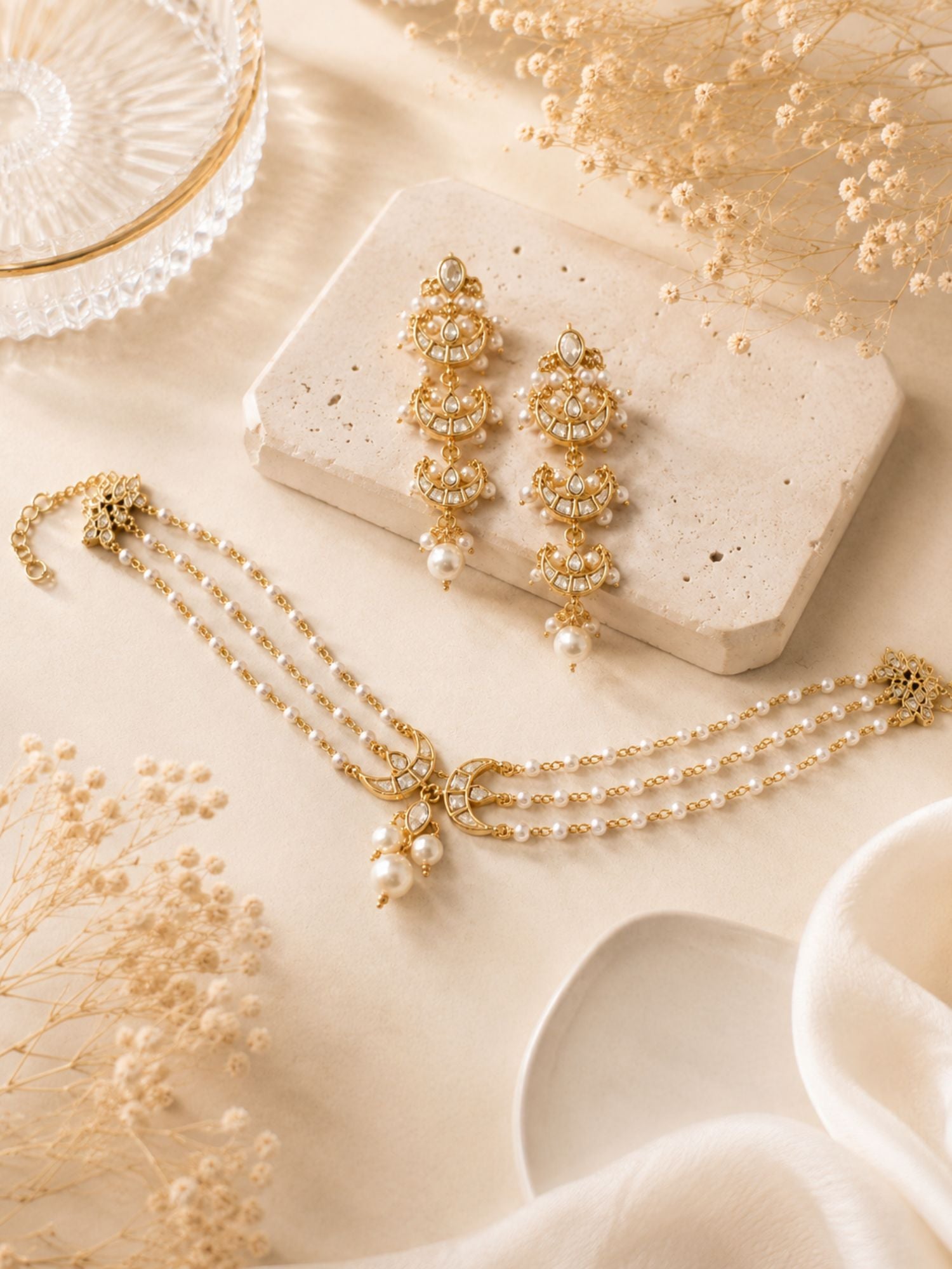 Abdesigns Pearl Layered Chand Necklace Set with Earrings