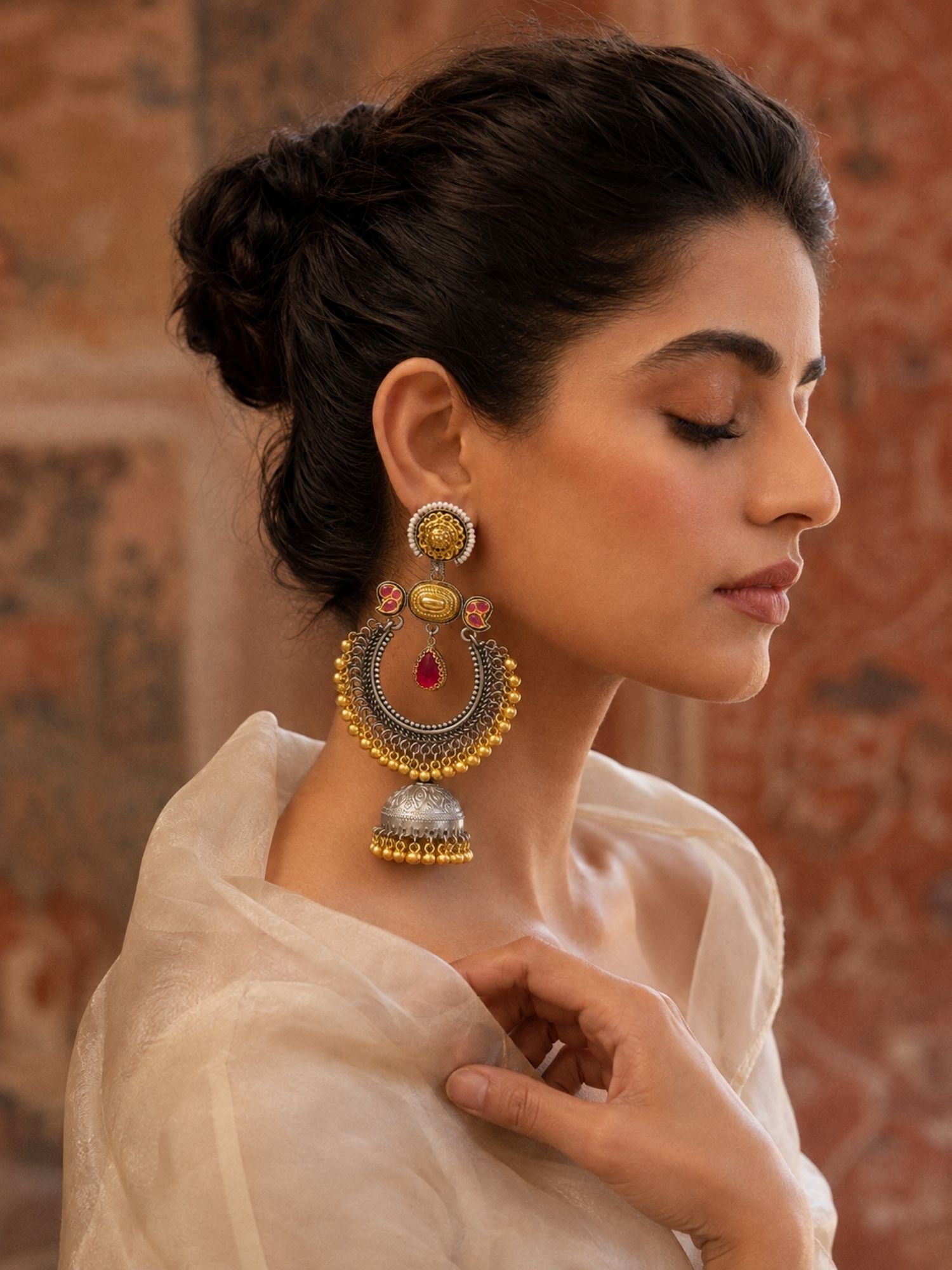Dual Tone Pink Meenakari German Silver Jhumka Earrings Combo Set of 2 for Women