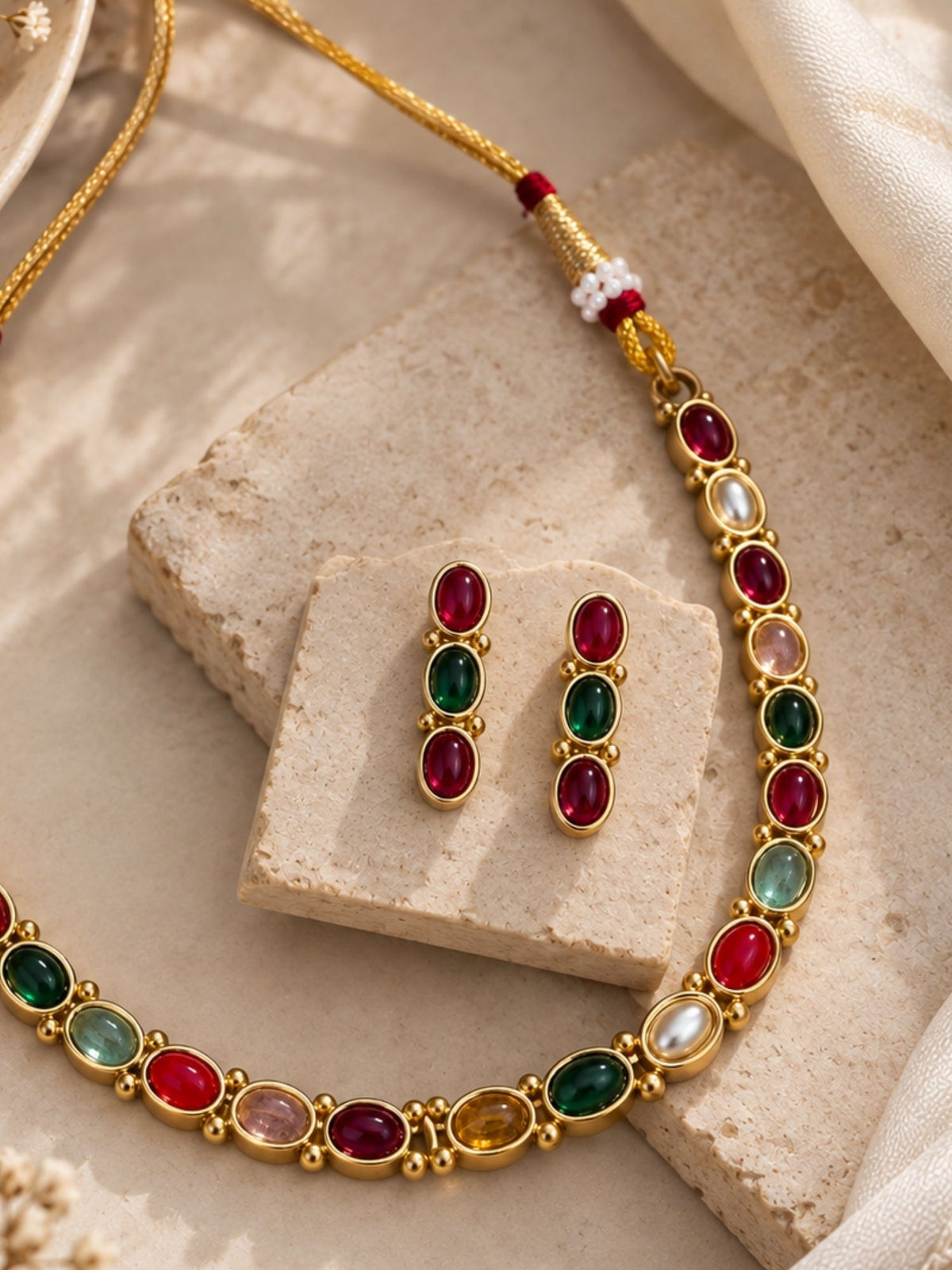 Gold Plated Multicolor Oval Stone Necklace Set with Earrings