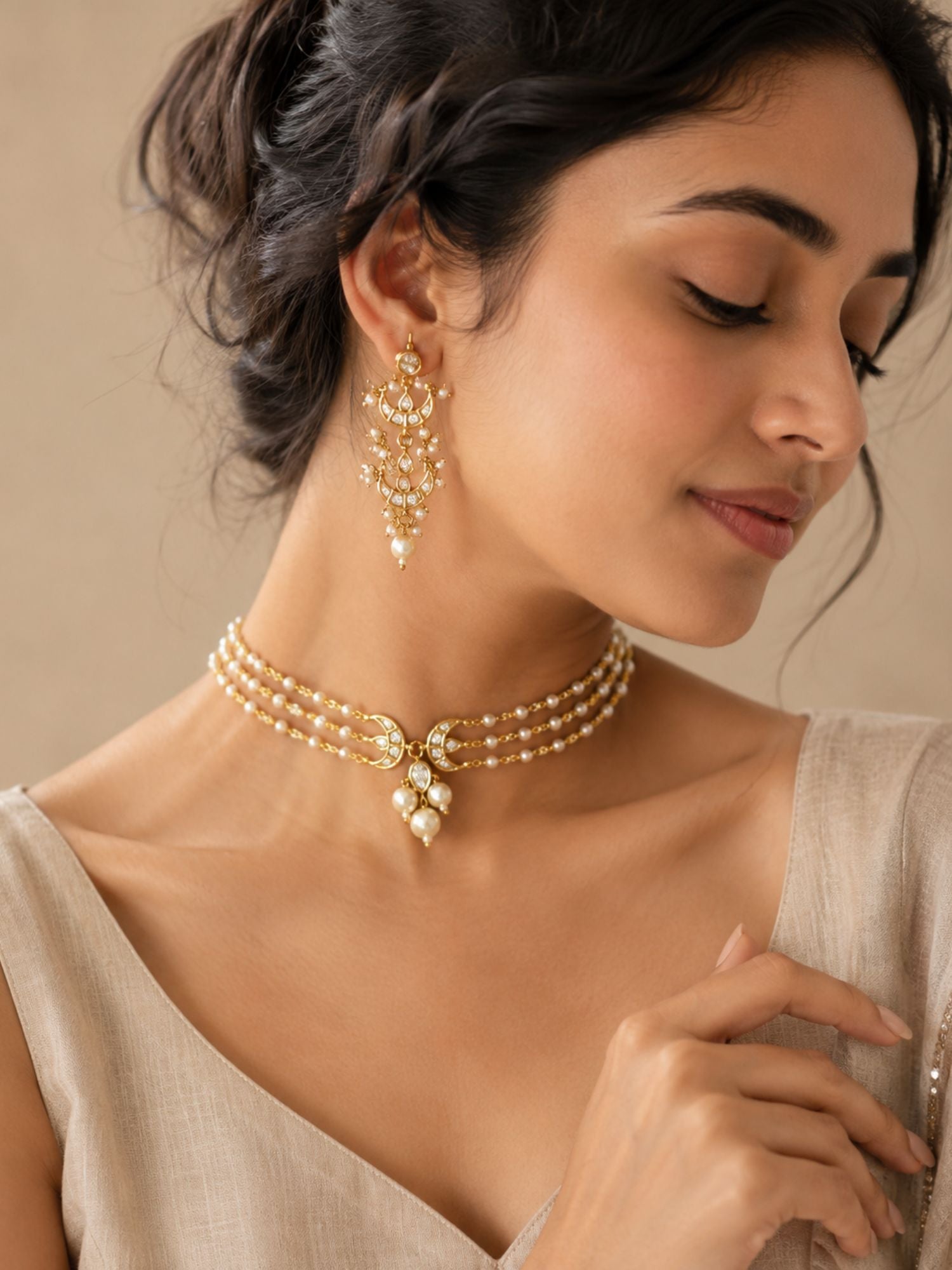 Abdesigns Pearl Layered Chand Necklace Set with Earrings