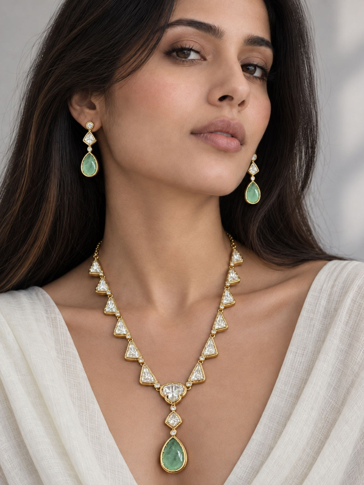 Gold Plated Kundan Polki Mint Green Drop Necklace Set with Earrings