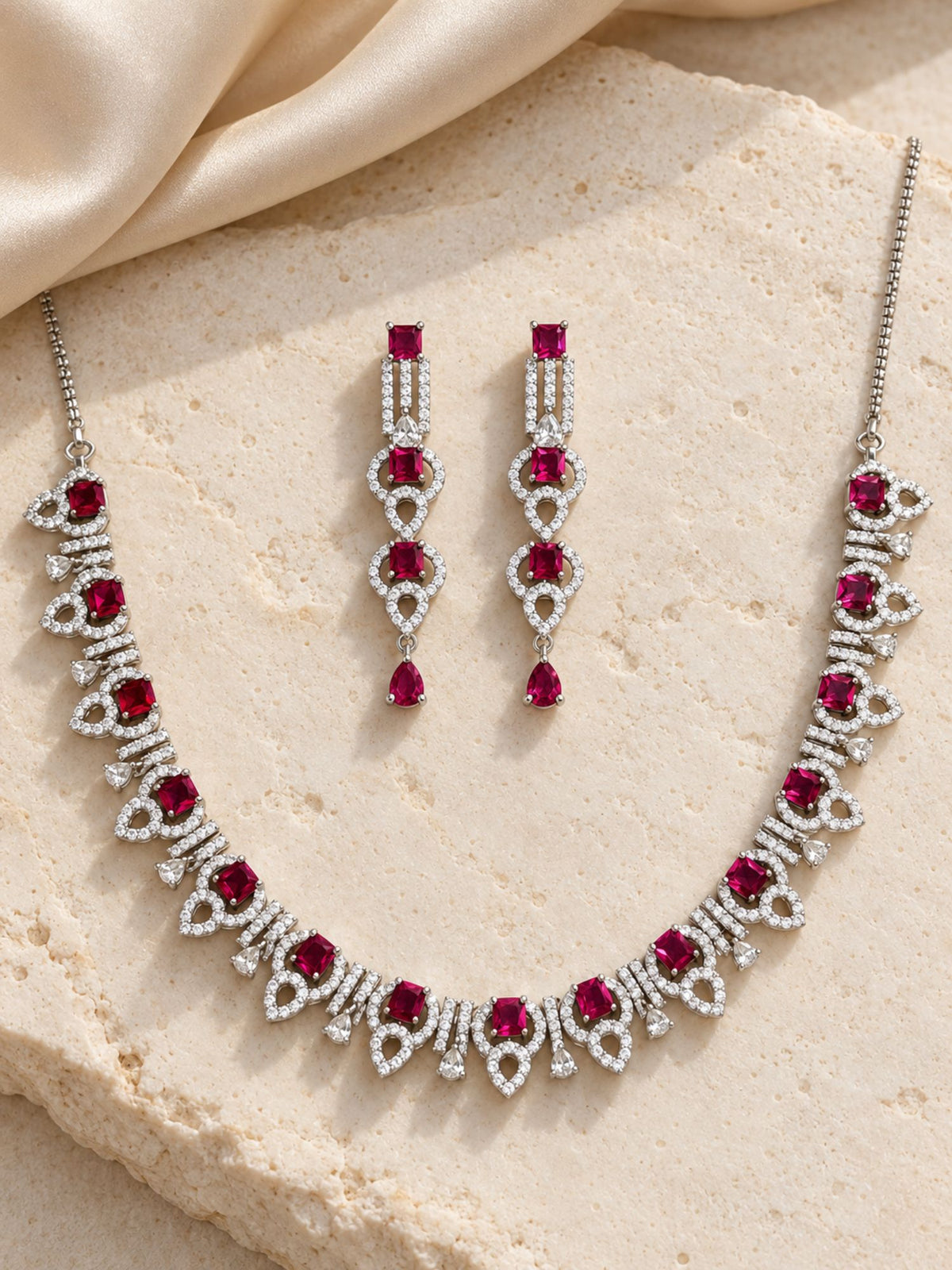 Silver Plated Ruby Pink AD Stone Necklace Set