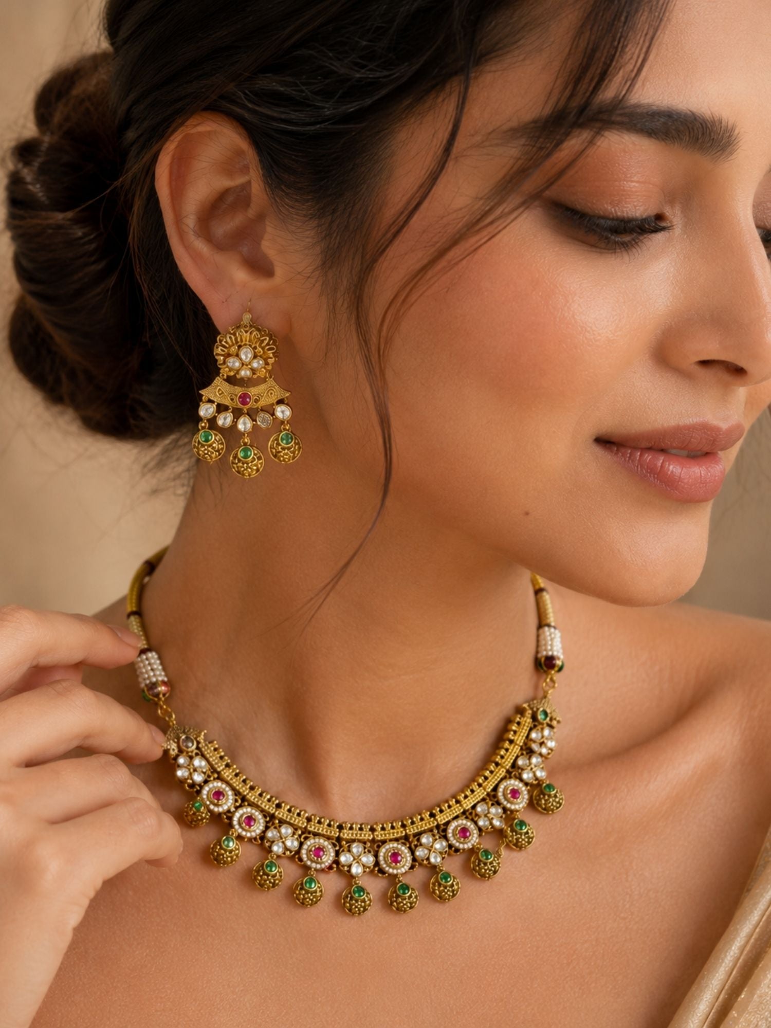 Floral Choker Necklace Set in Gold Plating – Bridal | Abdesigns
