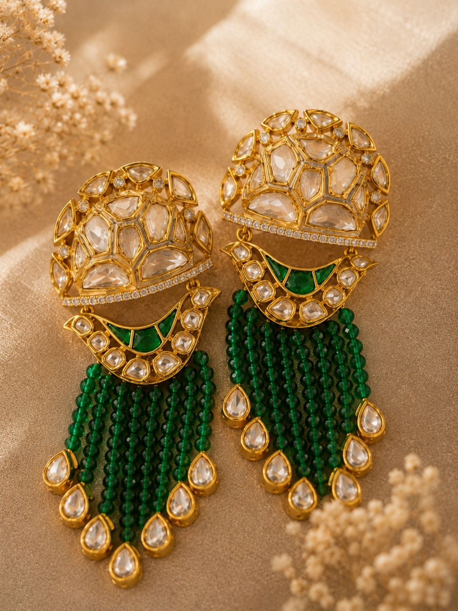 Green Kundan Tassel Earrings in Gold Finish – Festive Wear | Abdesigns Jewellery