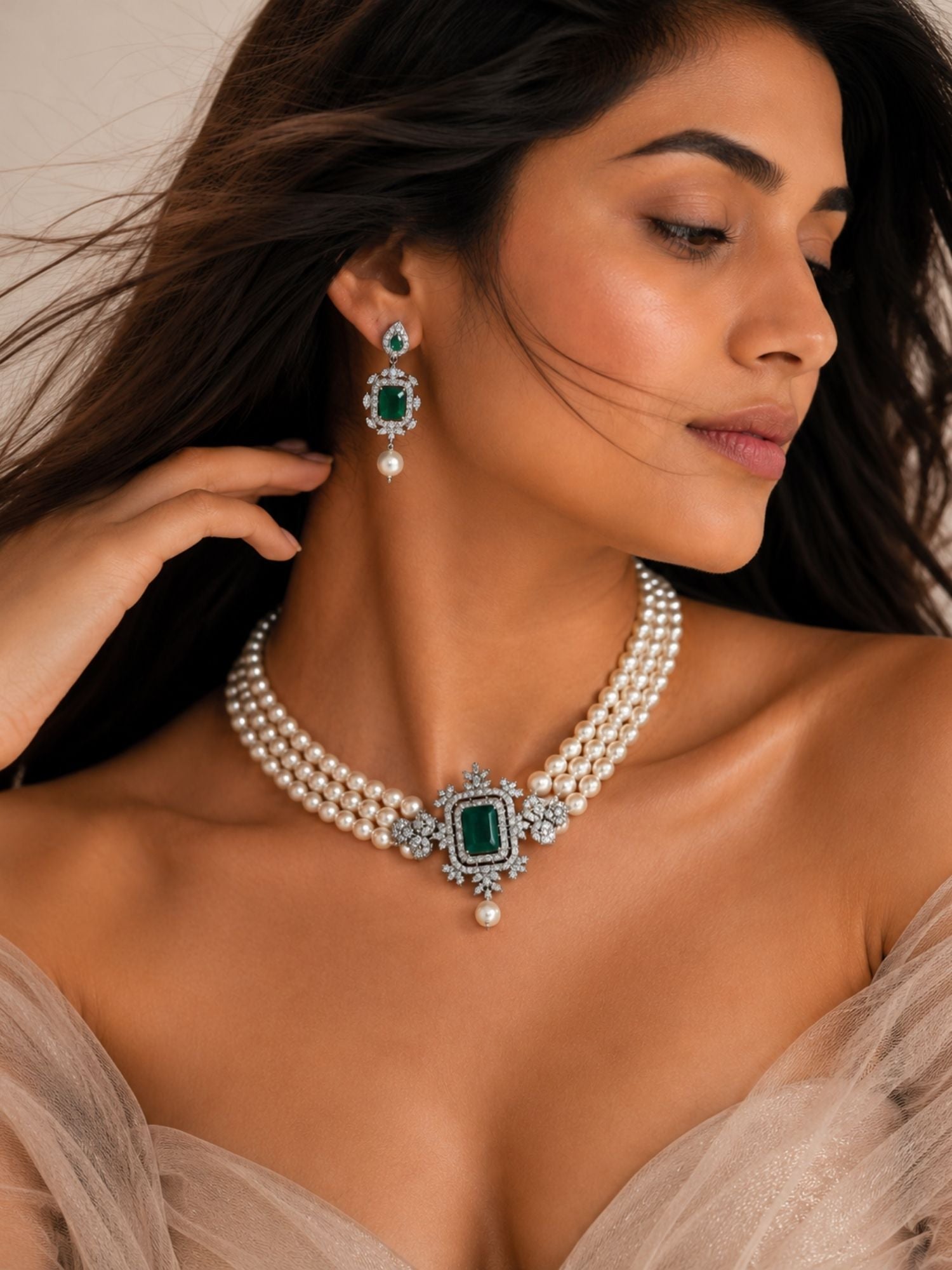 Green Stone Pearl Choker in Silver Plating – Bridal | Abdesigns