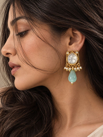 Gold Plated Kundan Polki Pearl Mint Green Bead Statement Earrings for Women