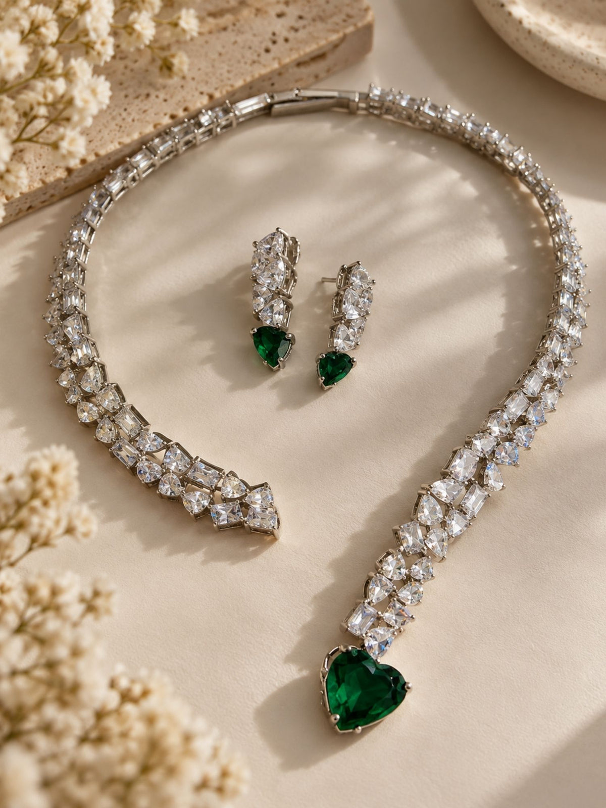 Silver Plated Green Heart AD Stone Necklace Set | Abdesigns Jewellery