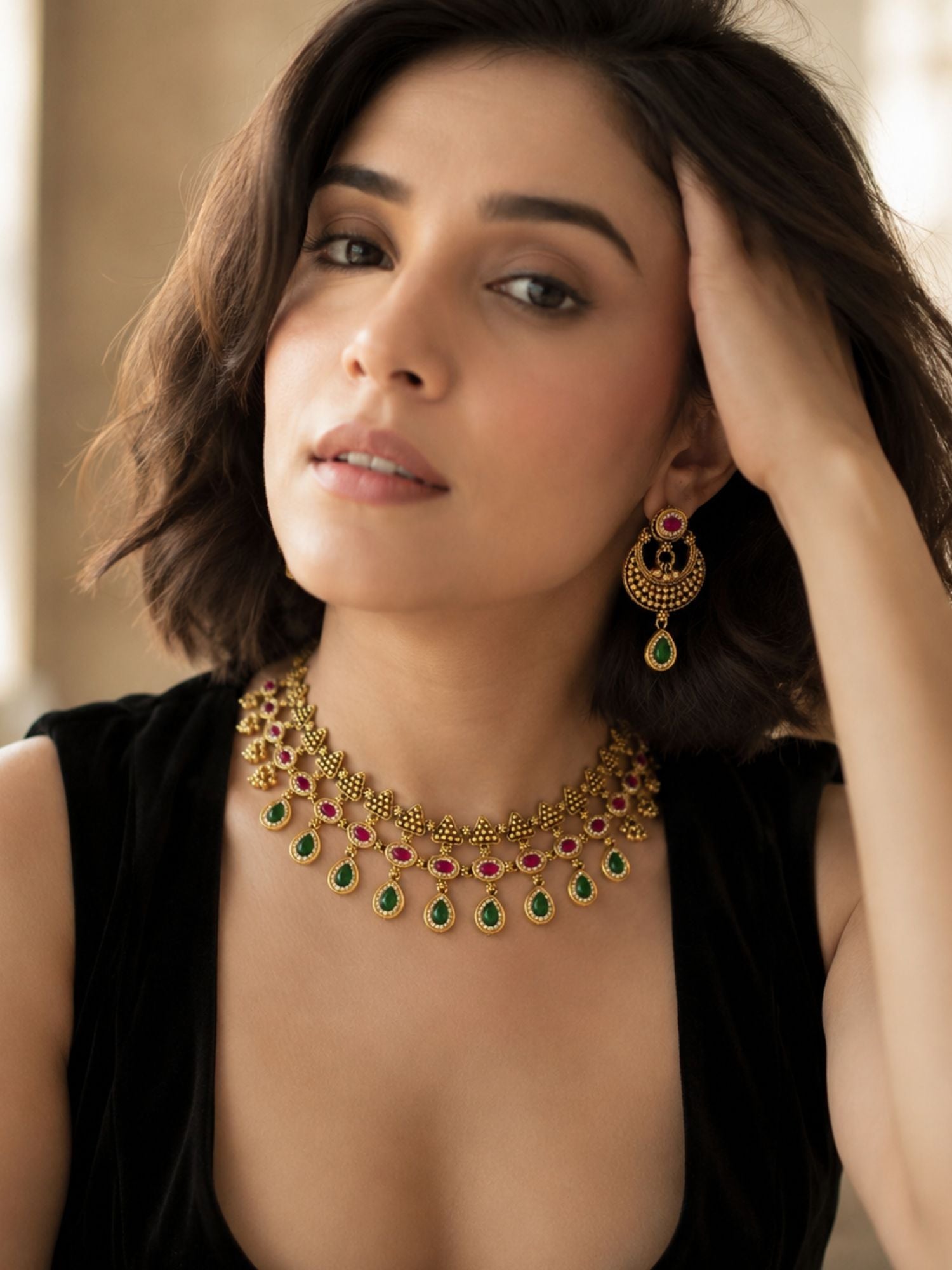 Antique Gold Plated Pink & Green Stone Temple Necklace Set