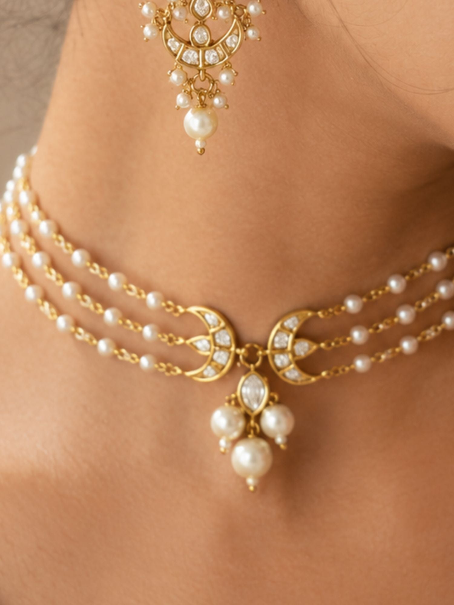 Abdesigns Pearl Layered Chand Necklace Set with Earrings