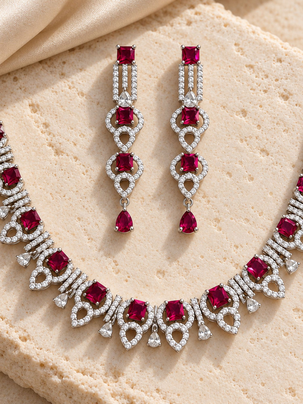 Silver Plated Ruby Pink AD Stone Necklace Set