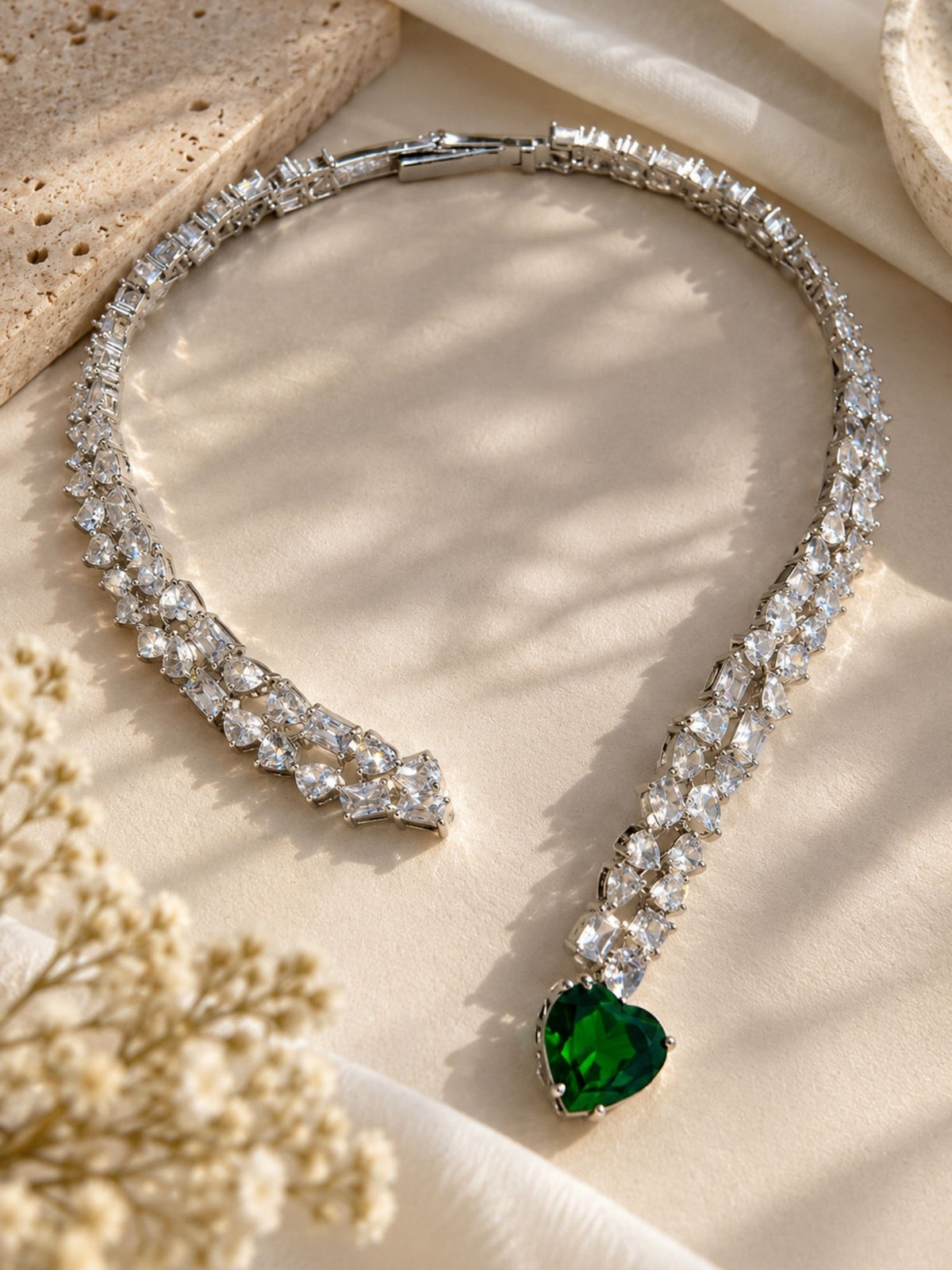 Silver Plated Green Heart AD Stone Necklace Set | Abdesigns Jewellery