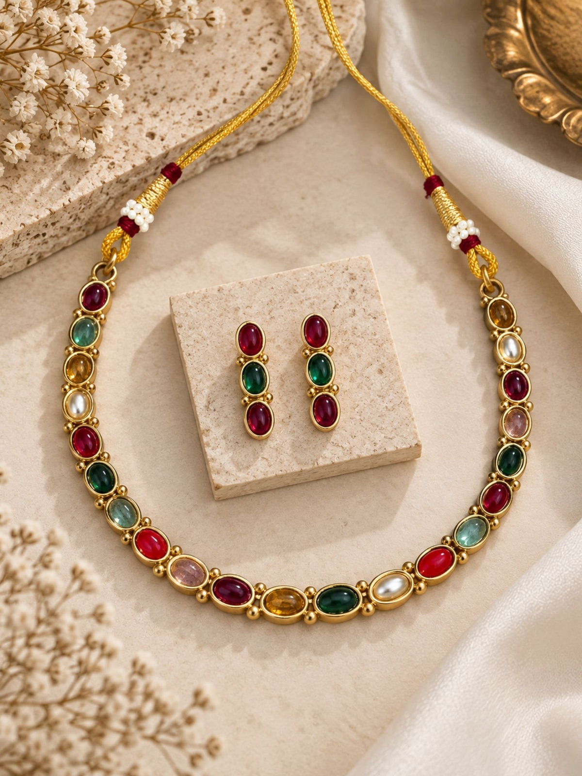 Gold Plated Multicolor Oval Stone Necklace Set with Earrings