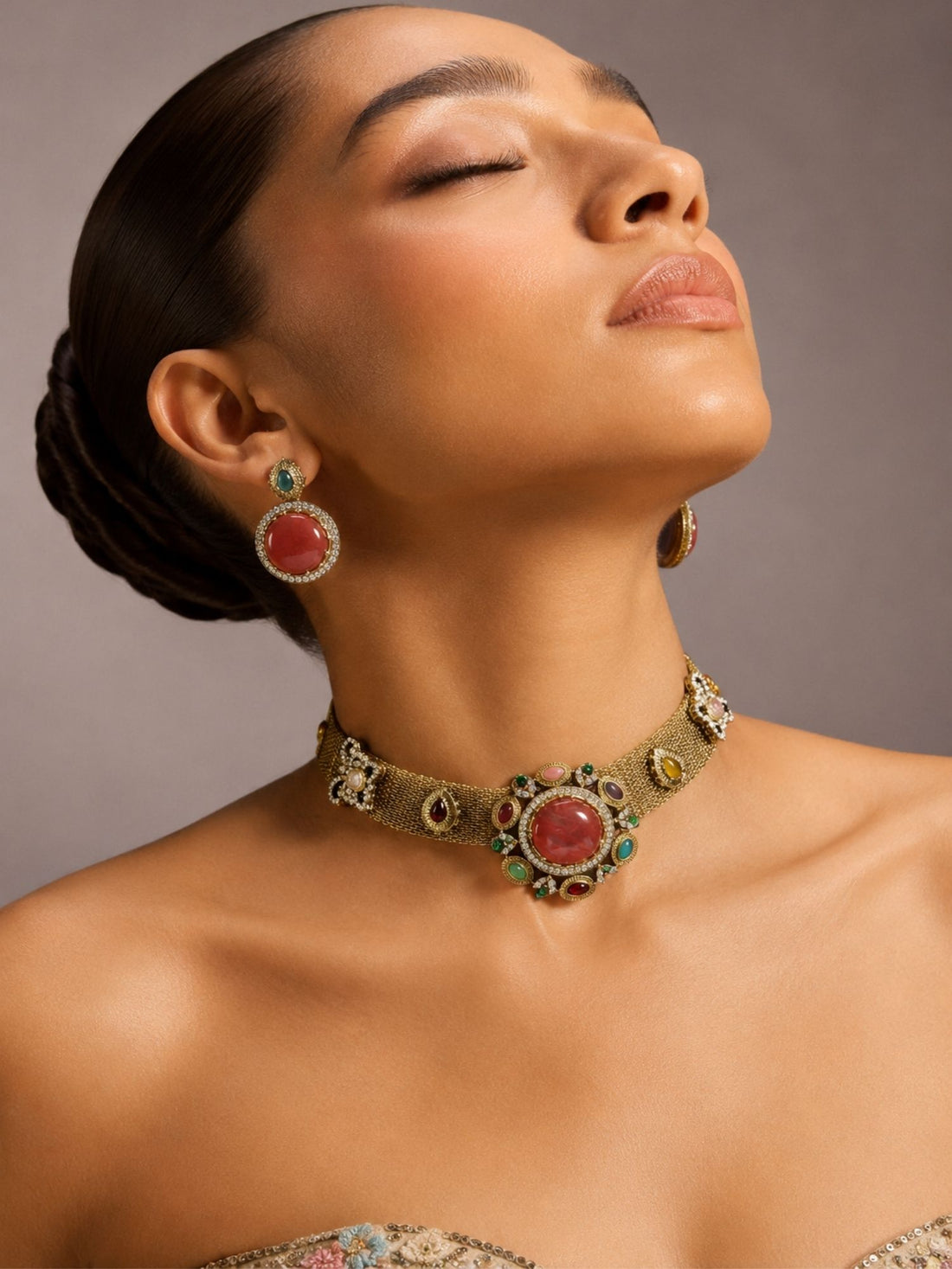 Victorian oxidised gold plated multicolour choker necklace set with stud earrings – Abdesigns
