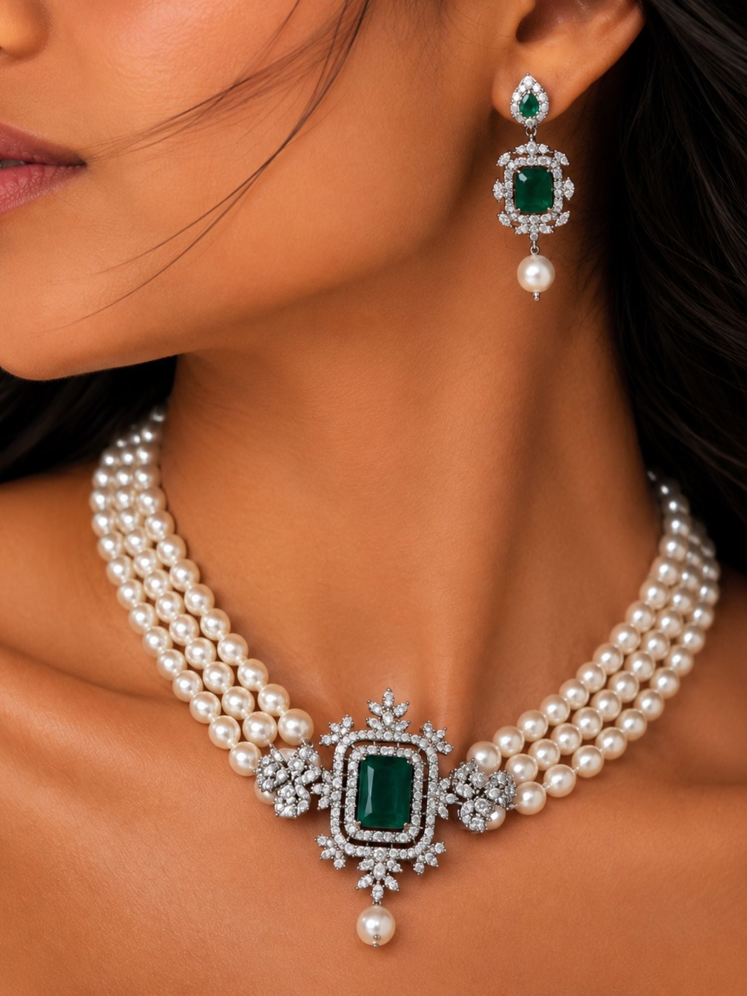 Green Stone Pearl Choker in Silver Plating – Bridal | Abdesigns