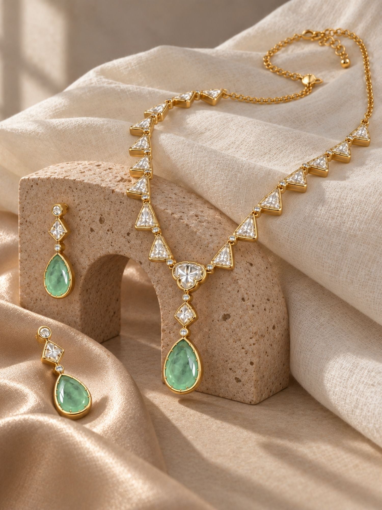 Gold Plated Kundan Polki Mint Green Drop Necklace Set with Earrings