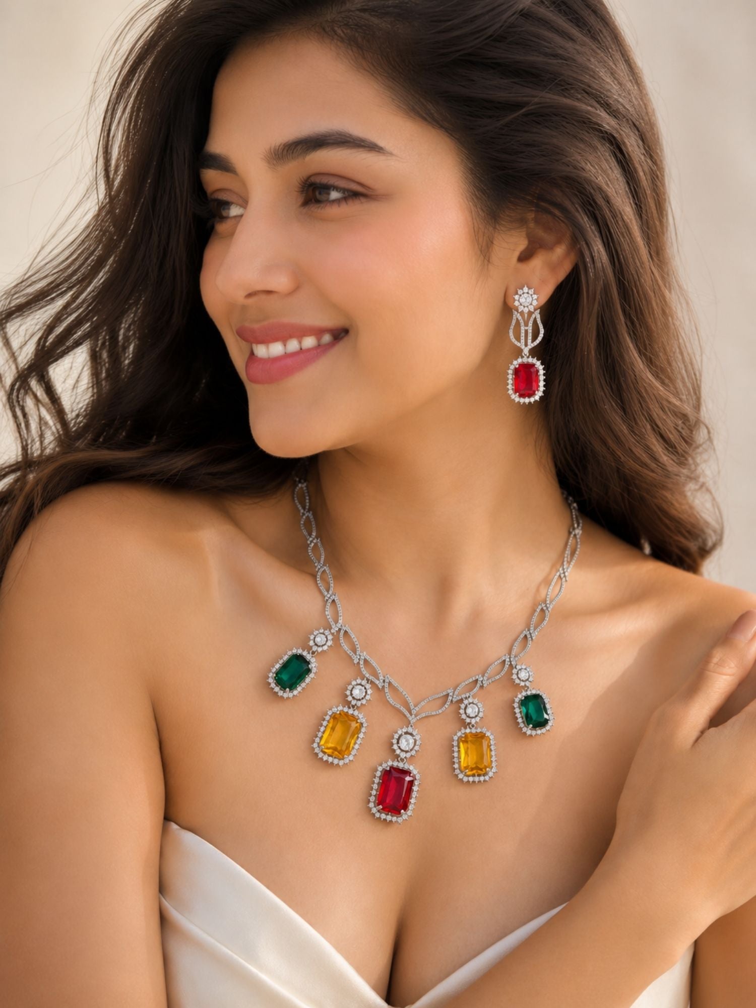 Multicolor Party CZ Necklace Set in Silver Plating | Abdesigns