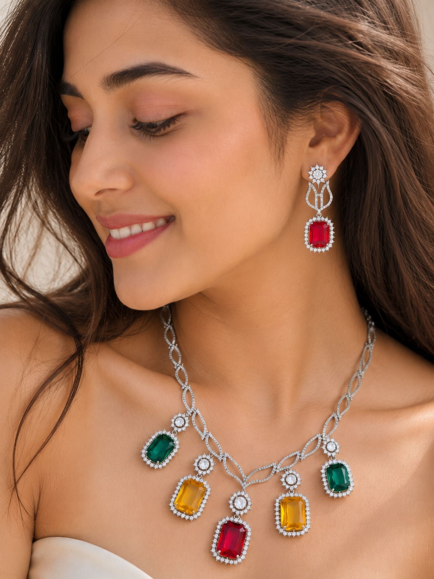 Multicolor Party CZ Necklace Set in Silver Plating | Abdesigns