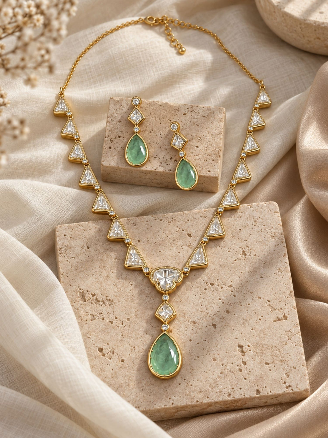 Gold Plated Kundan Polki Mint Green Drop Necklace Set with Earrings