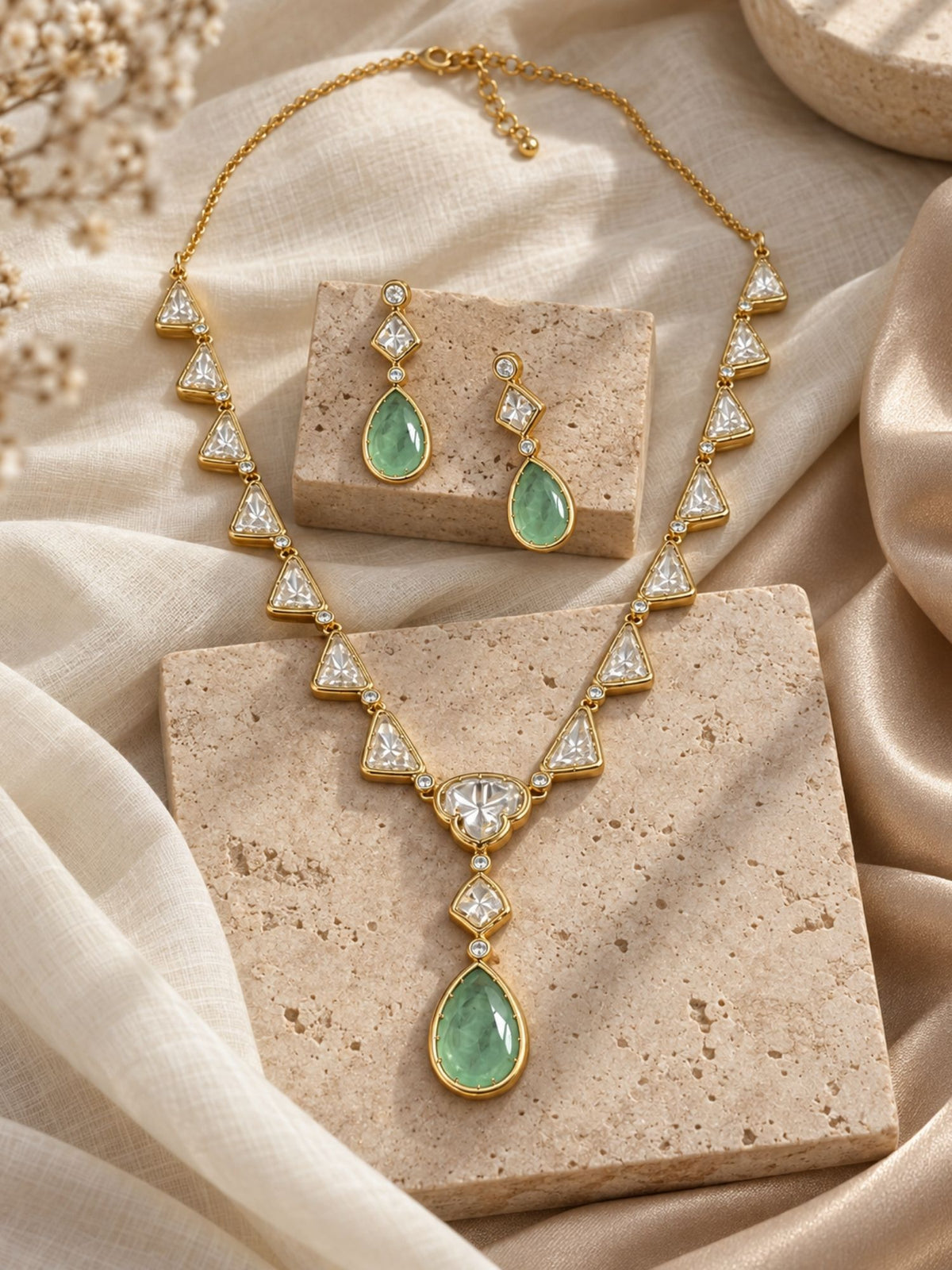 Gold Plated Kundan Polki Mint Green Drop Necklace Set with Earrings