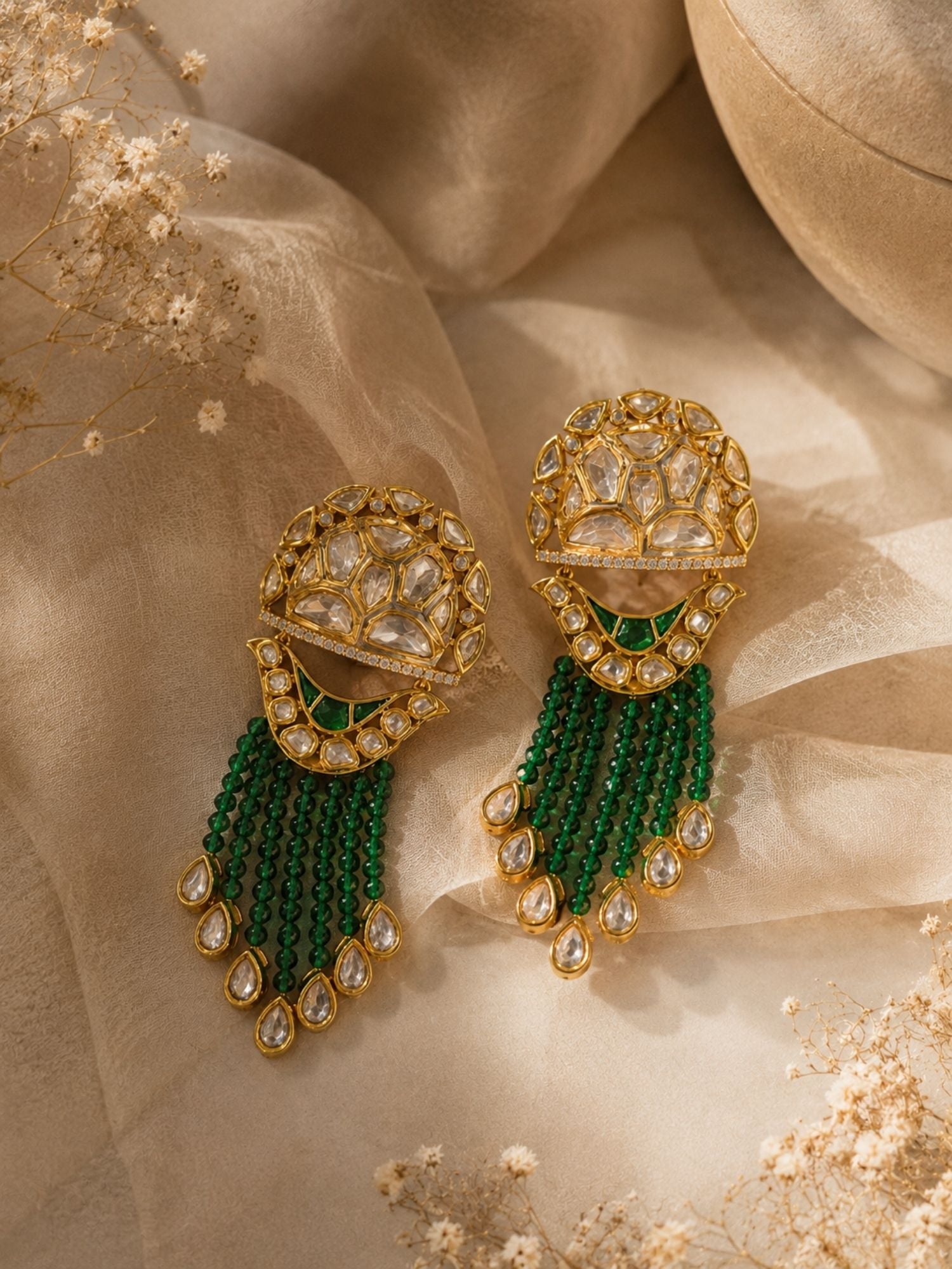 Green Kundan Tassel Earrings in Gold Finish – Festive Wear | Abdesigns Jewellery